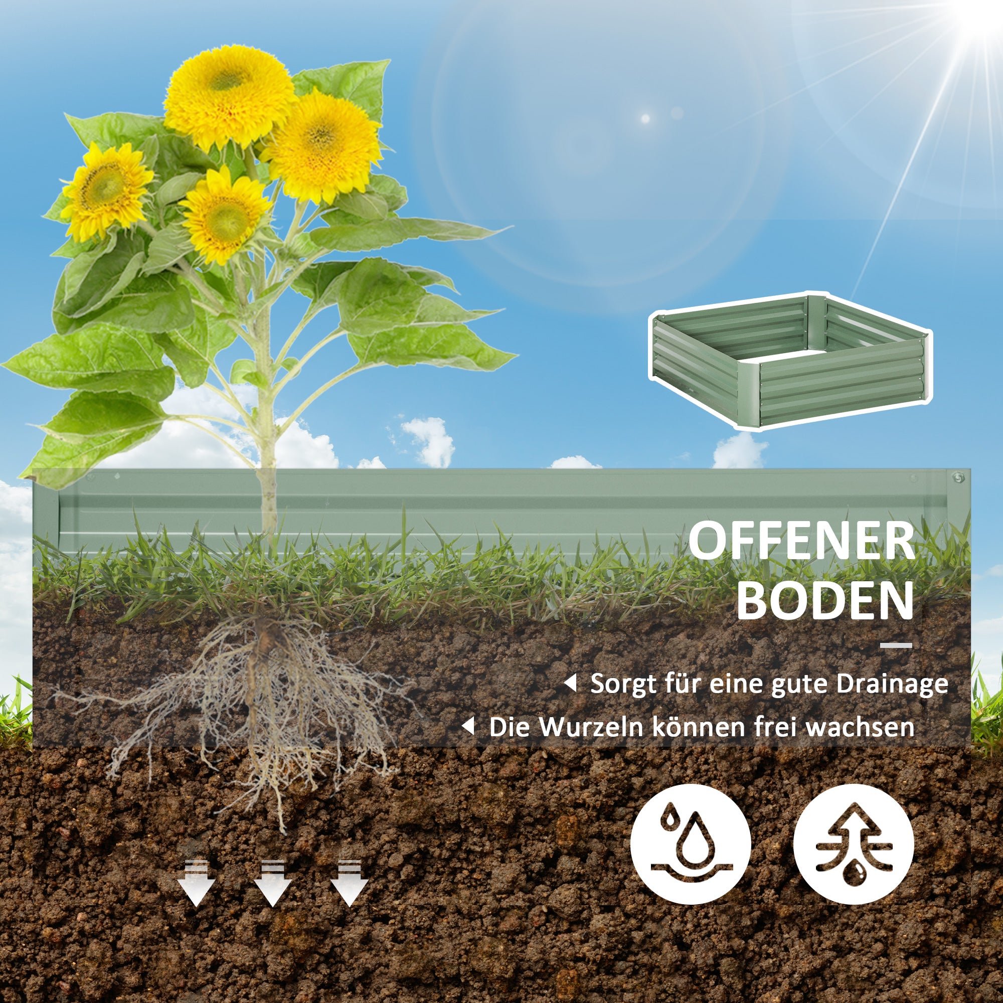 Outsunny Pflanzkasten, 2er-Set, Blumenkasten, offener Boden, Stahlrahmen, grün, (2 x) 100 x 100 x 30 cm