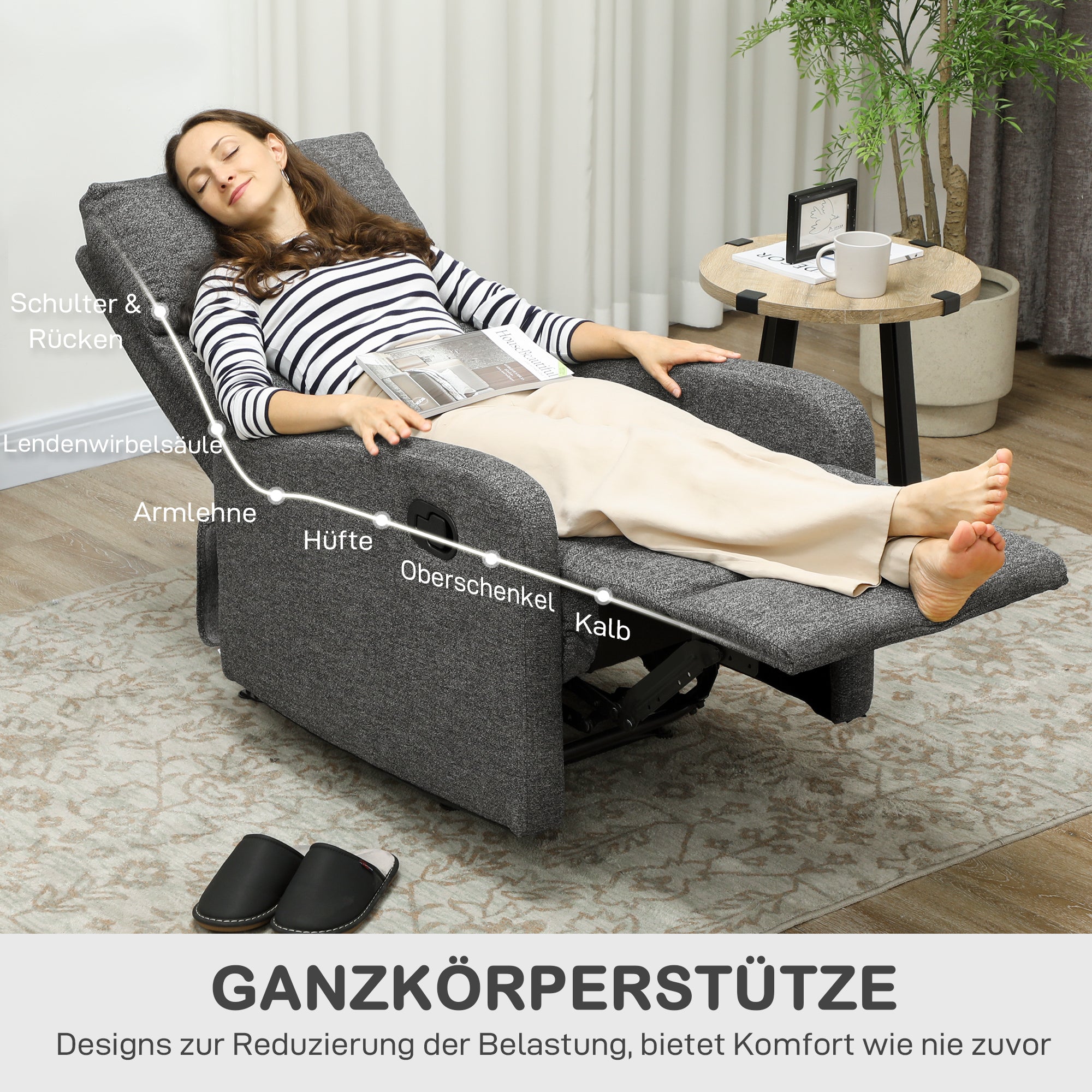 HOMCOM Relaxsessel, verstellbarer Liegesessel mit anpassbarer Beinstütze, Moderner Wohnzimmersessel mit Stoffbezug, Grau
