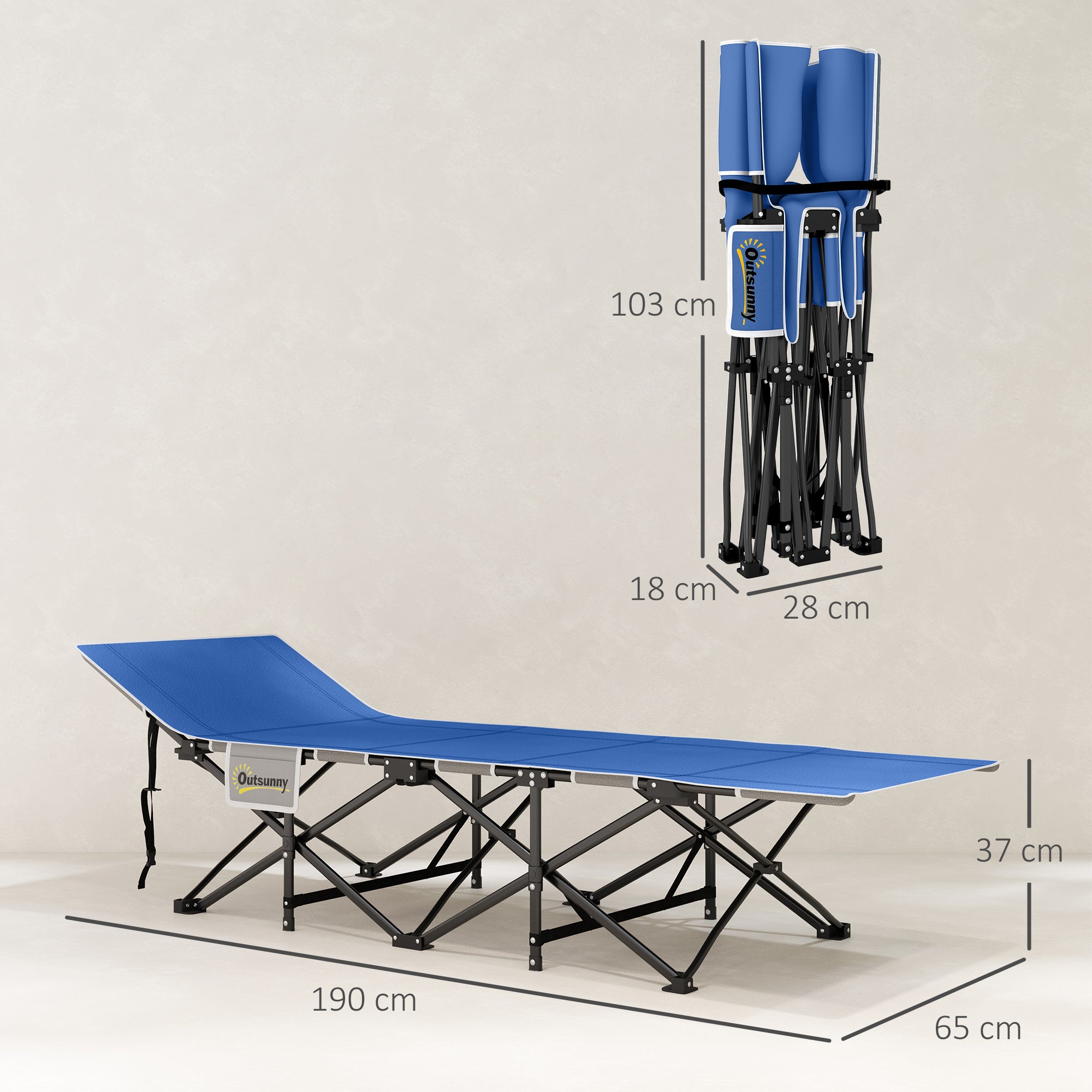 Outsunny Feldbett faltbar Campingbett mit Matratze Kopfkissen Seitentasche 190 x 65 x 37 cm bis 150 kg Dunkelblau