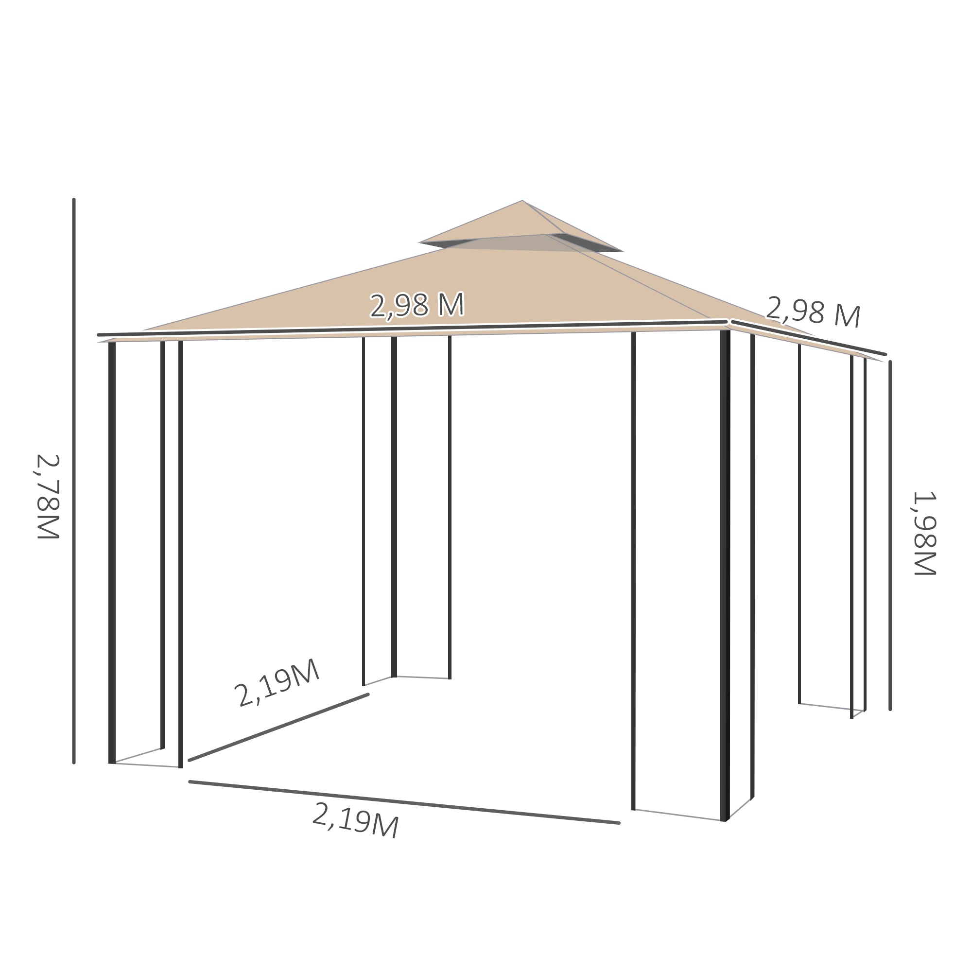 Outsunny Gartenpavillon Pavillon Festzelt Partyzelt wetterfest Zelt mit 4 Ablagen Metall + Polyester Beige 2,98 x 2,98 m