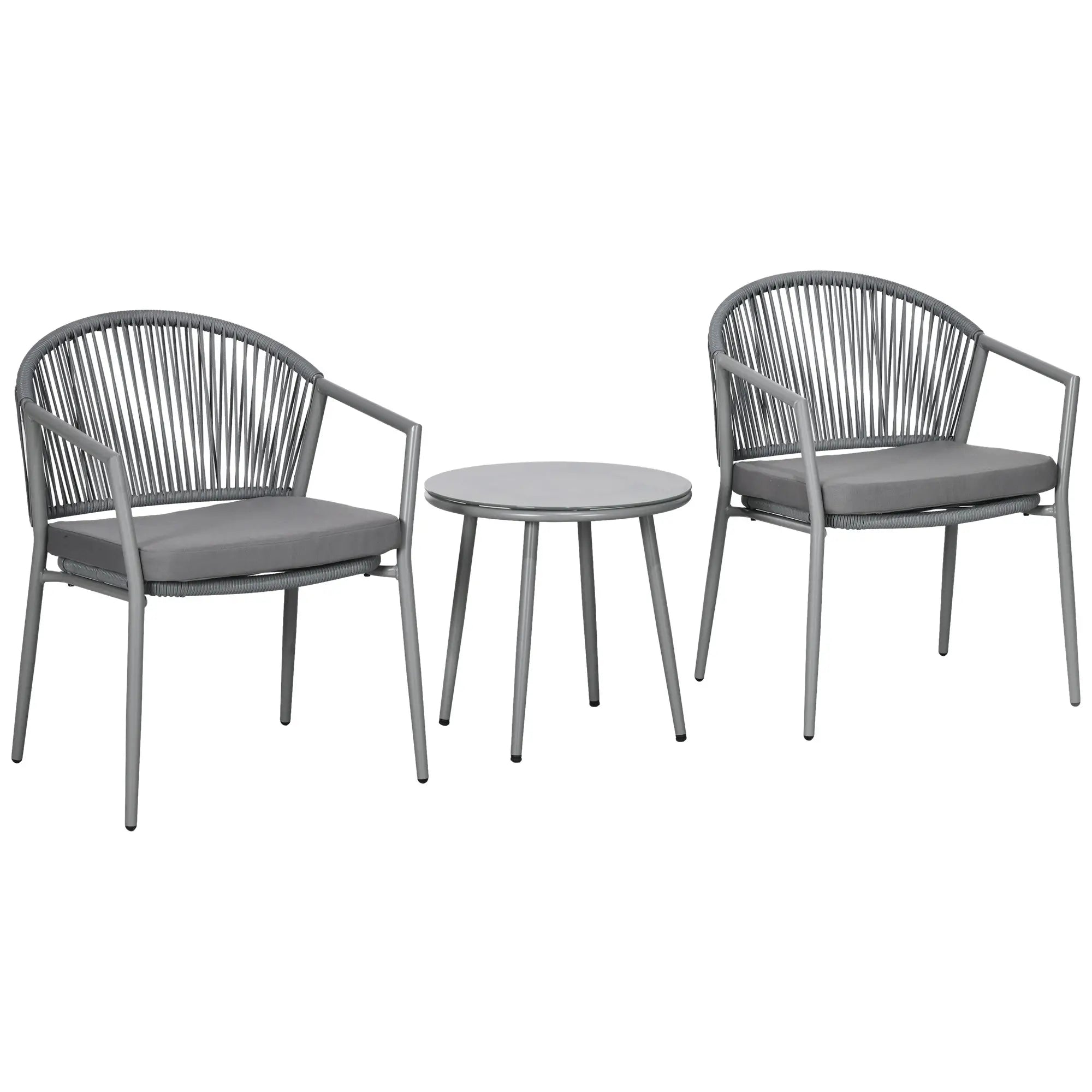 Outsunny Gartenmöbel-Set, 2 Stühle & 1 Tisch mit Glasplatte, Rattanoptik, wetterfest, Metallrahmen, Grau