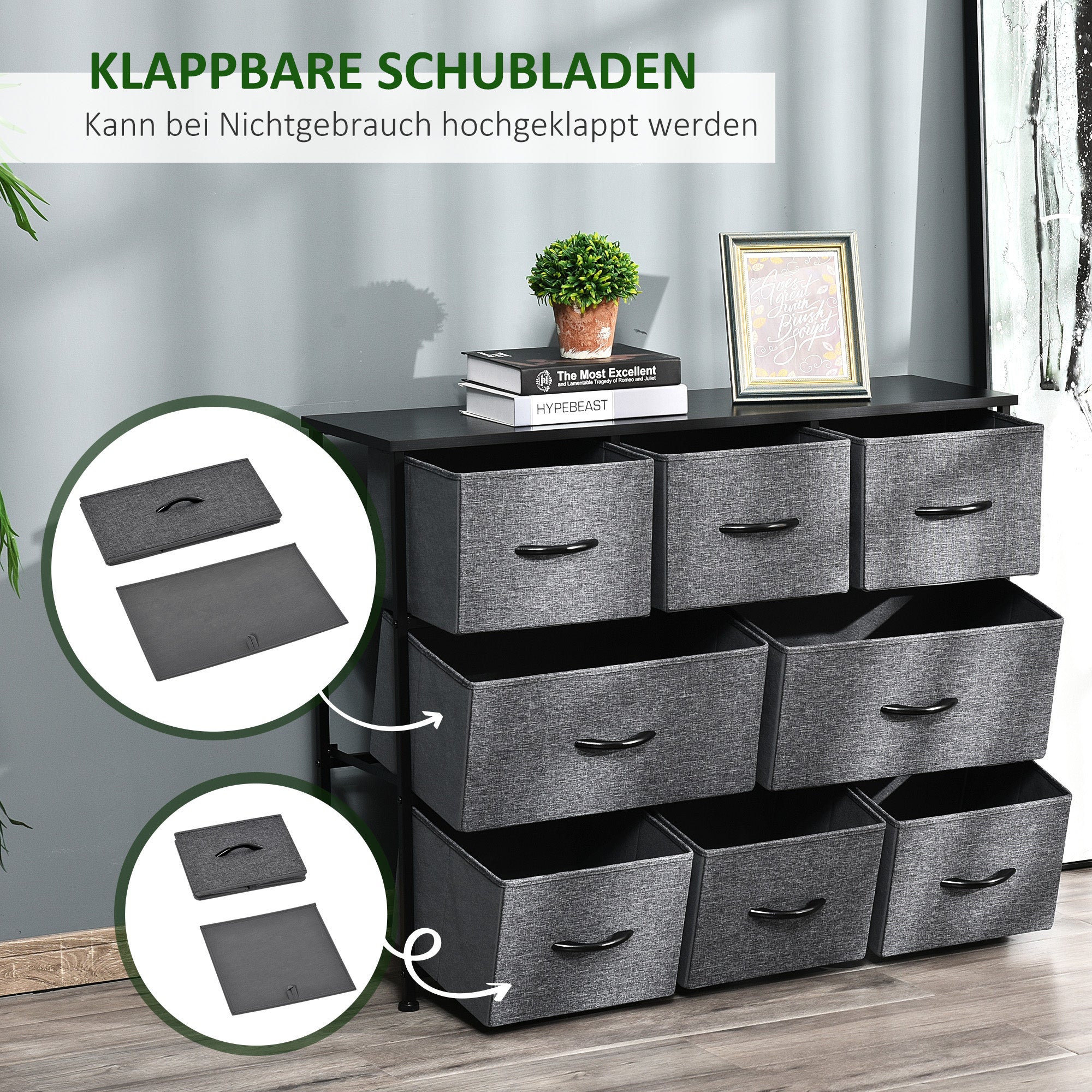 HOMCOM Kommode mit 8 Stoffschubladen, 2 große, 6 kleine, Metallrahmen, Kippschutz, Grau