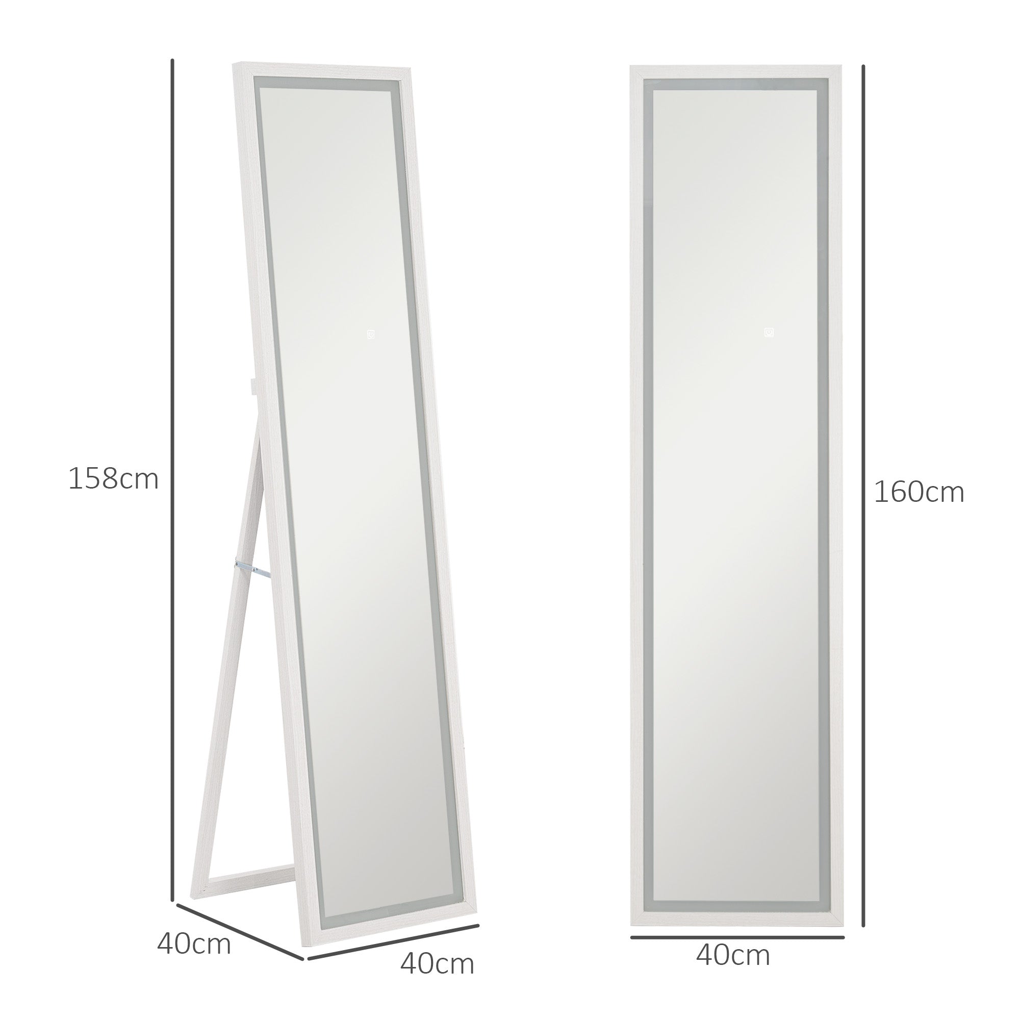 HOMCOM Ganzkörperspiegel, 40x160 cm, LED-Beleuchtung, Touch-Steuerung, dimmbar, 3 Farben, Weiß