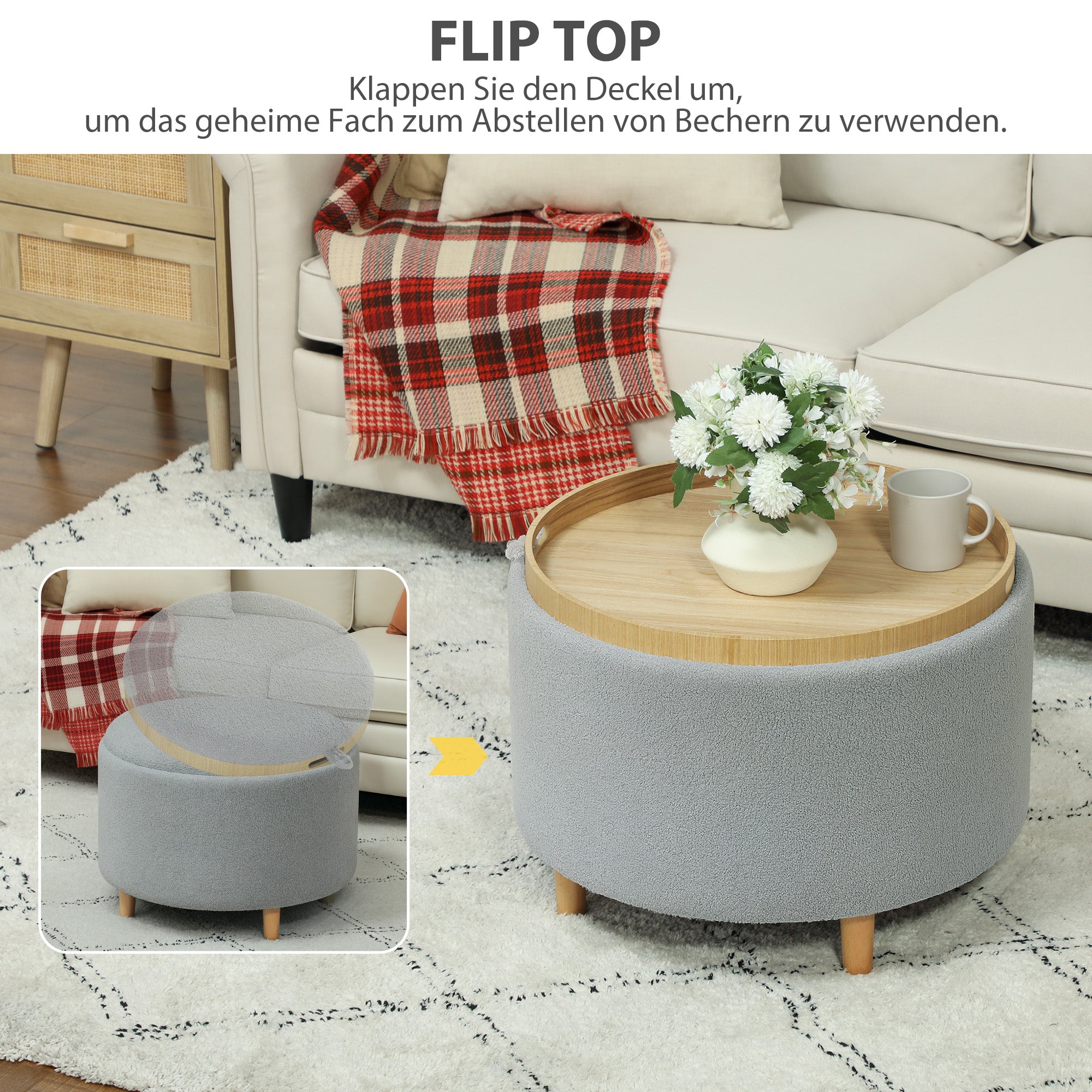 HOMCOM Hocker Polsterhocker, Teddyfleece, versteckter Stauraum, umkehrbarer Deckel, 56 cm x 56 cm x 42 cm, Grau