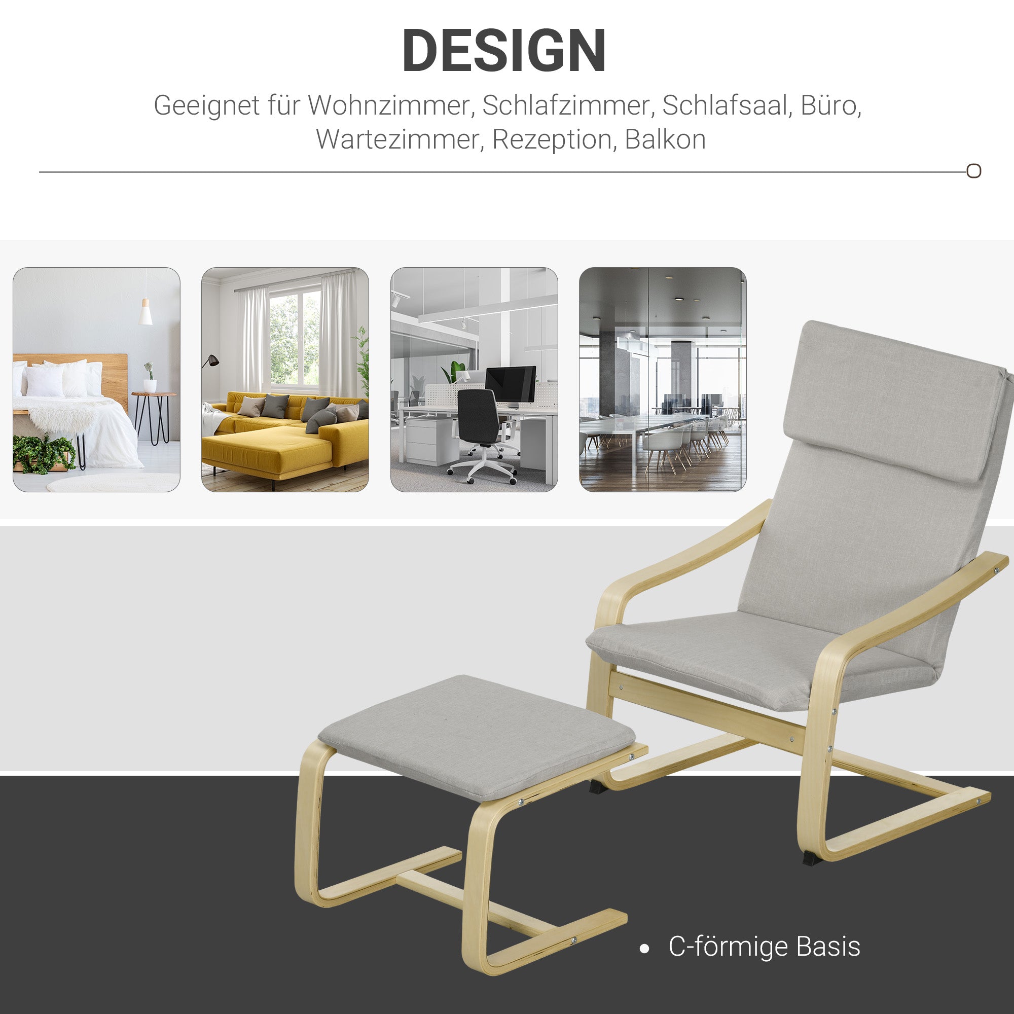 HOMCOM Loungesessel mit Hocker, Bezug in Leinenoptik, Holzrahmen, bis 120 kg, Hellgrau/Natur