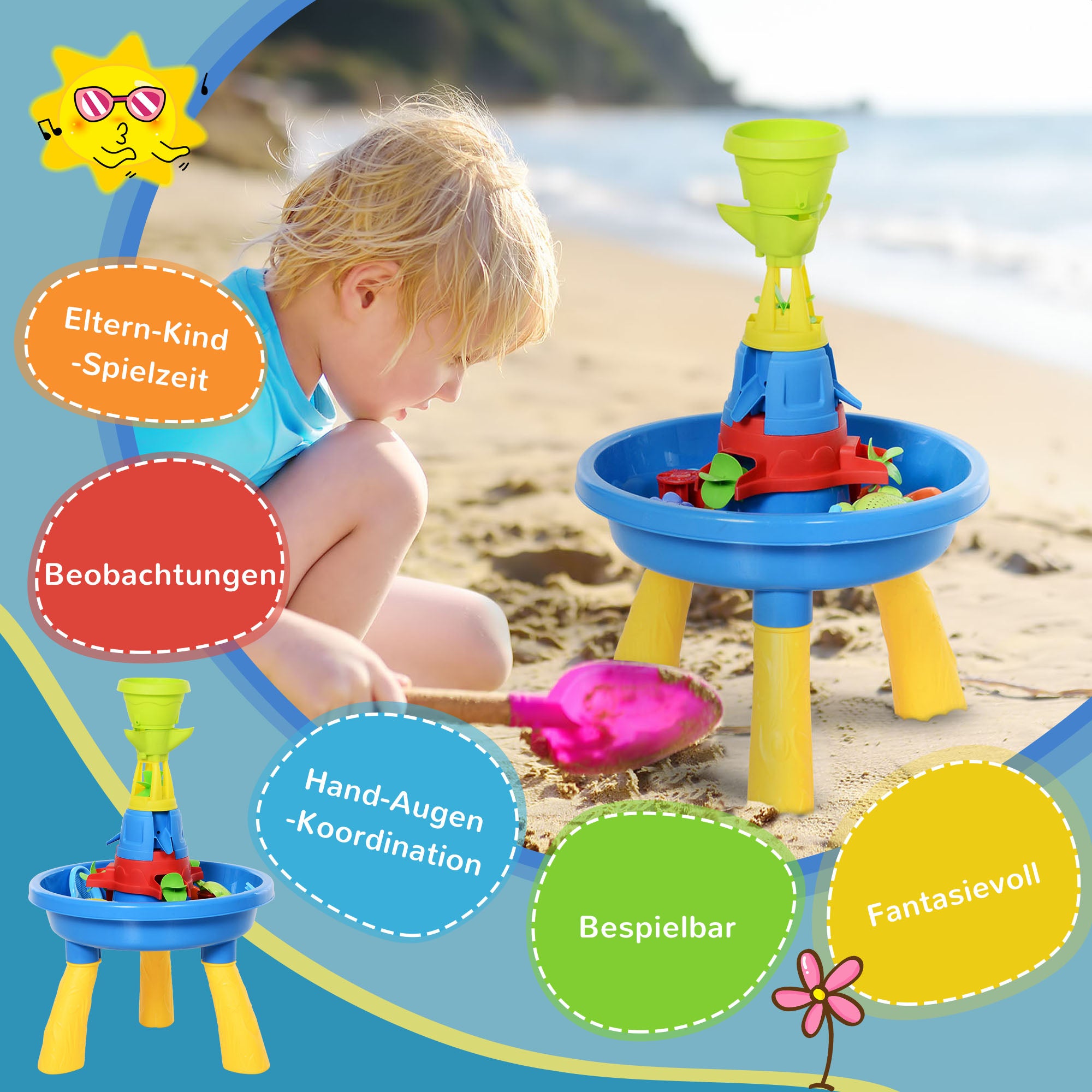 HOMCOM Kinder Sand- und Wasserspieltisch Spieltisch Spieltisch Outdoor Kinder Sandtisch mit 21-tlg. Zubehör, Wasserpark, Baby Spielzeug ab 3 Jahren, Kunststoff, Bunt, 46 x 46 x 72 cm