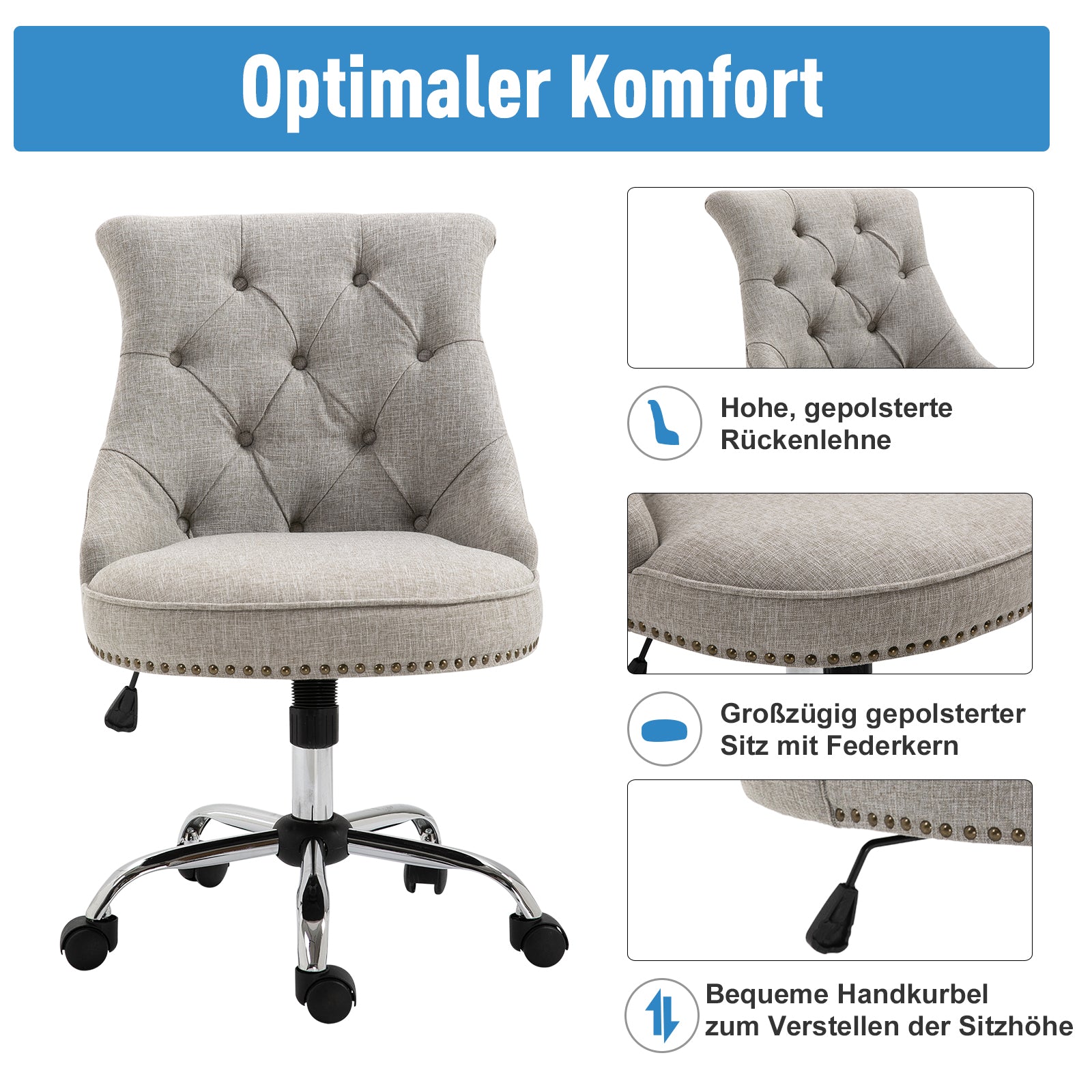 HOMCOM Drehstuhl mit Rollen Polsterstuhl Chefsessel 360° drehbar 150 kg Belastbar Höhenverstellbar Leinen Metall Hellgrau 54 x 65,5 x (84–91) cm