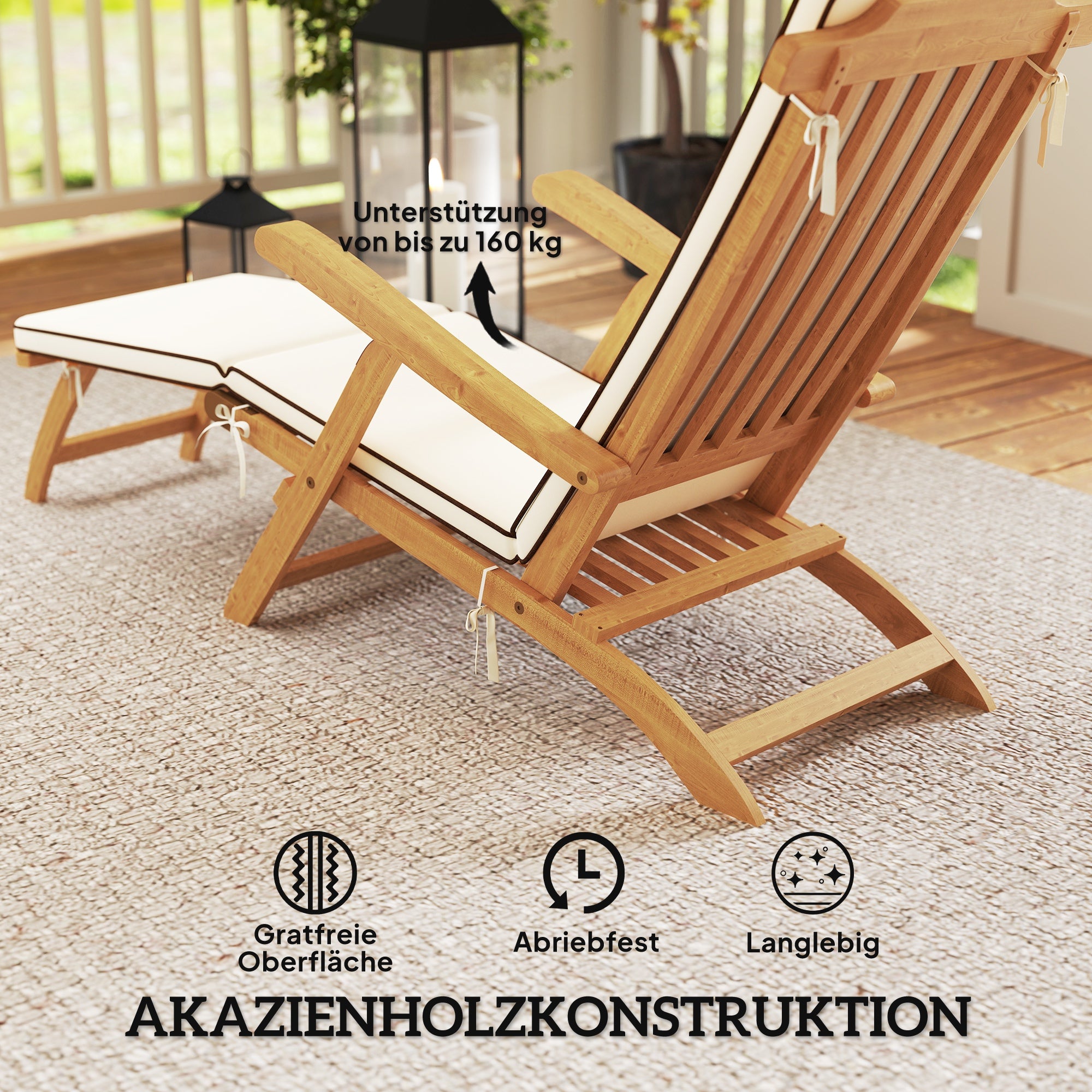 Outsunny Sonnenliege Holz klappbar Gartenliege mit Fußstütze, Matratze, Liegestuhl bis 160 kg belastbar Teak