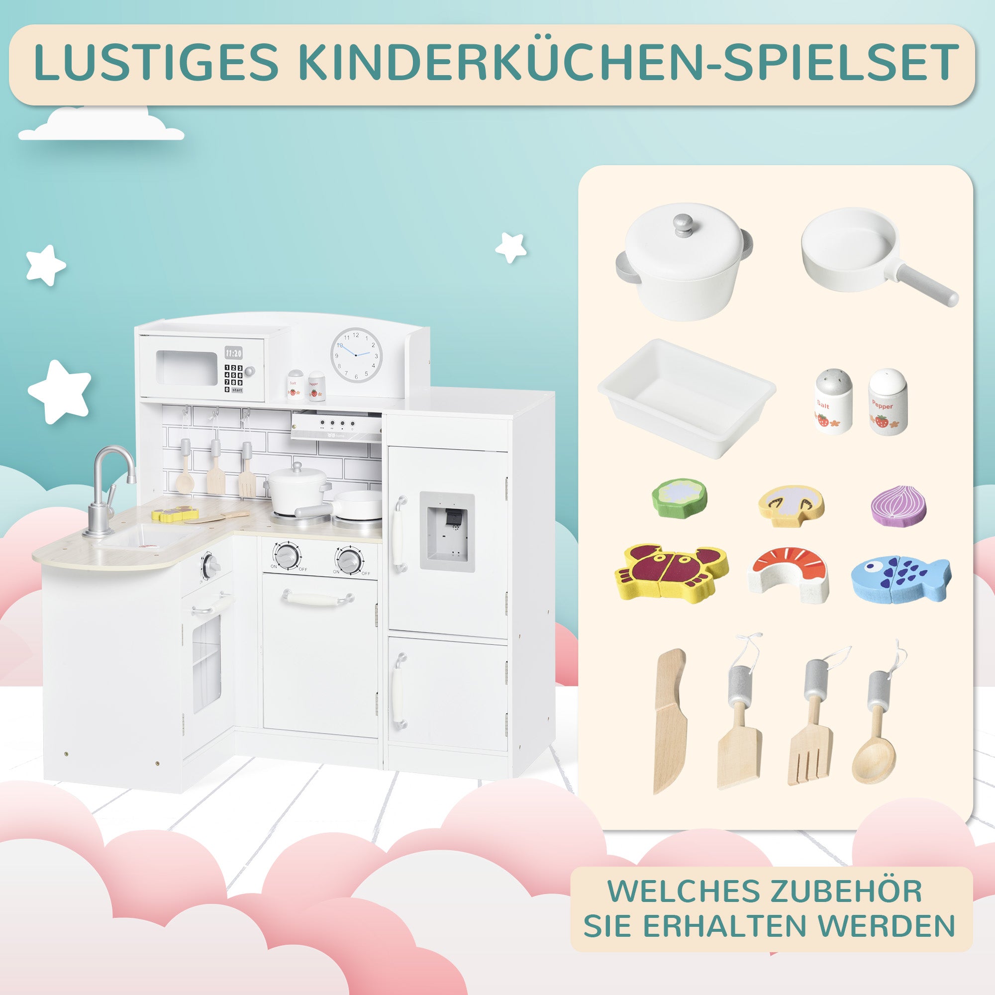 HOMCOM Spielküche, 14-tlg. Zubehör, elektr. Wasserspender, 86 x 64 x 84,5 cm, Weiß