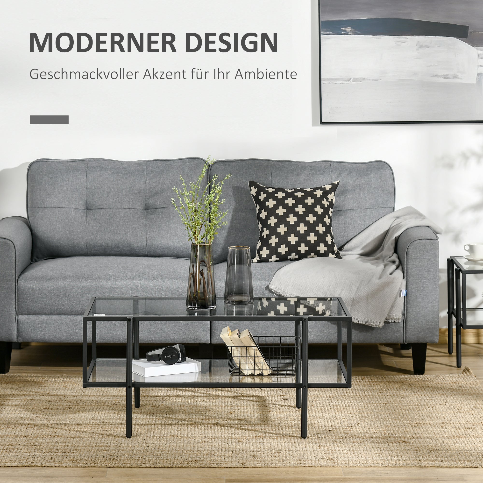 HOMCOM Couchtisch mit Ablage, verstellbare Füße, Stahlrahmen, Glasplatte, 100 x 55 x 45,5 cm, Weiß