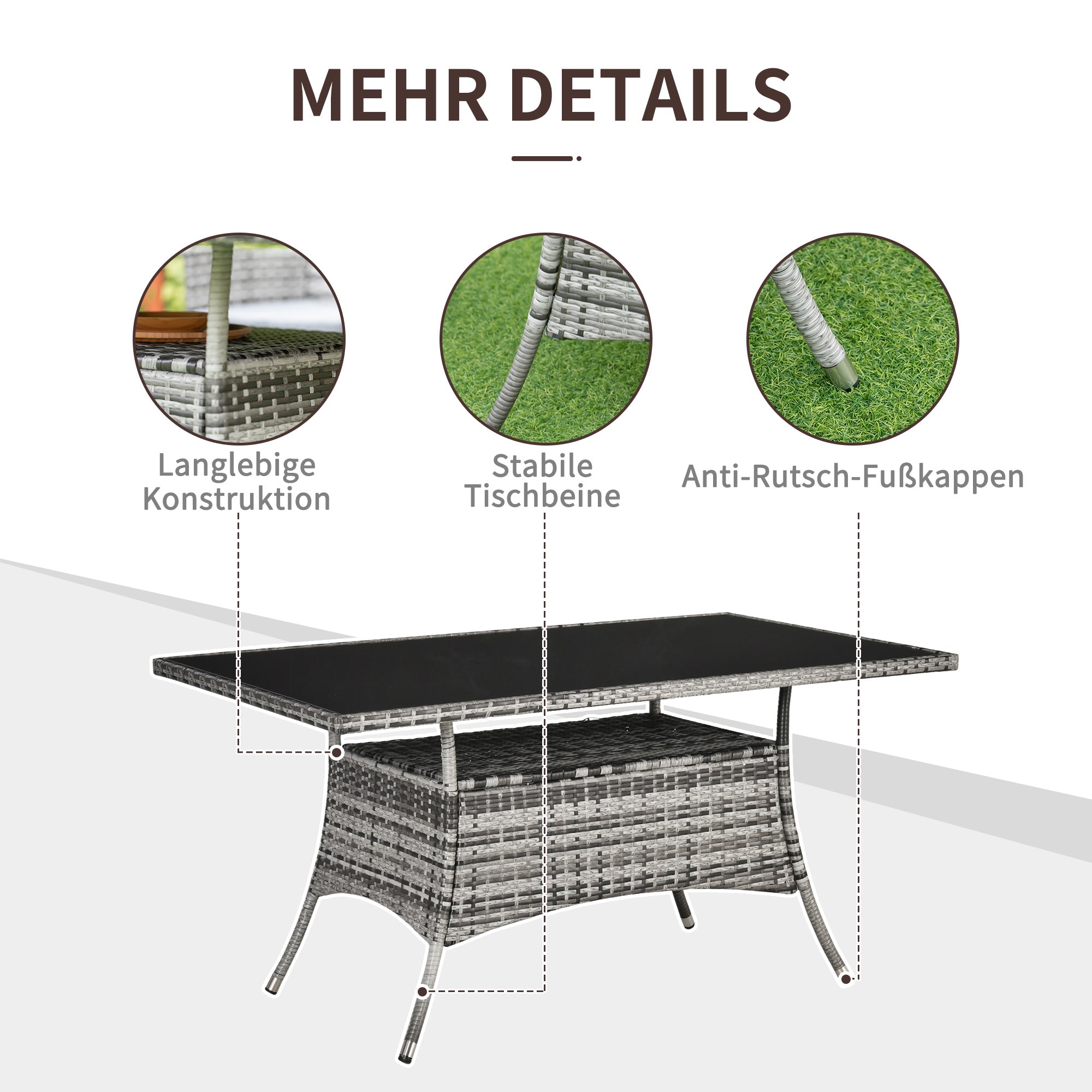 Outsunny Gartentisch Glastisch Esstisch Gartenmöbel Tisch, Polyrattan+Sicherheitsglas, Grau+Schwarz, 150x85x74cm