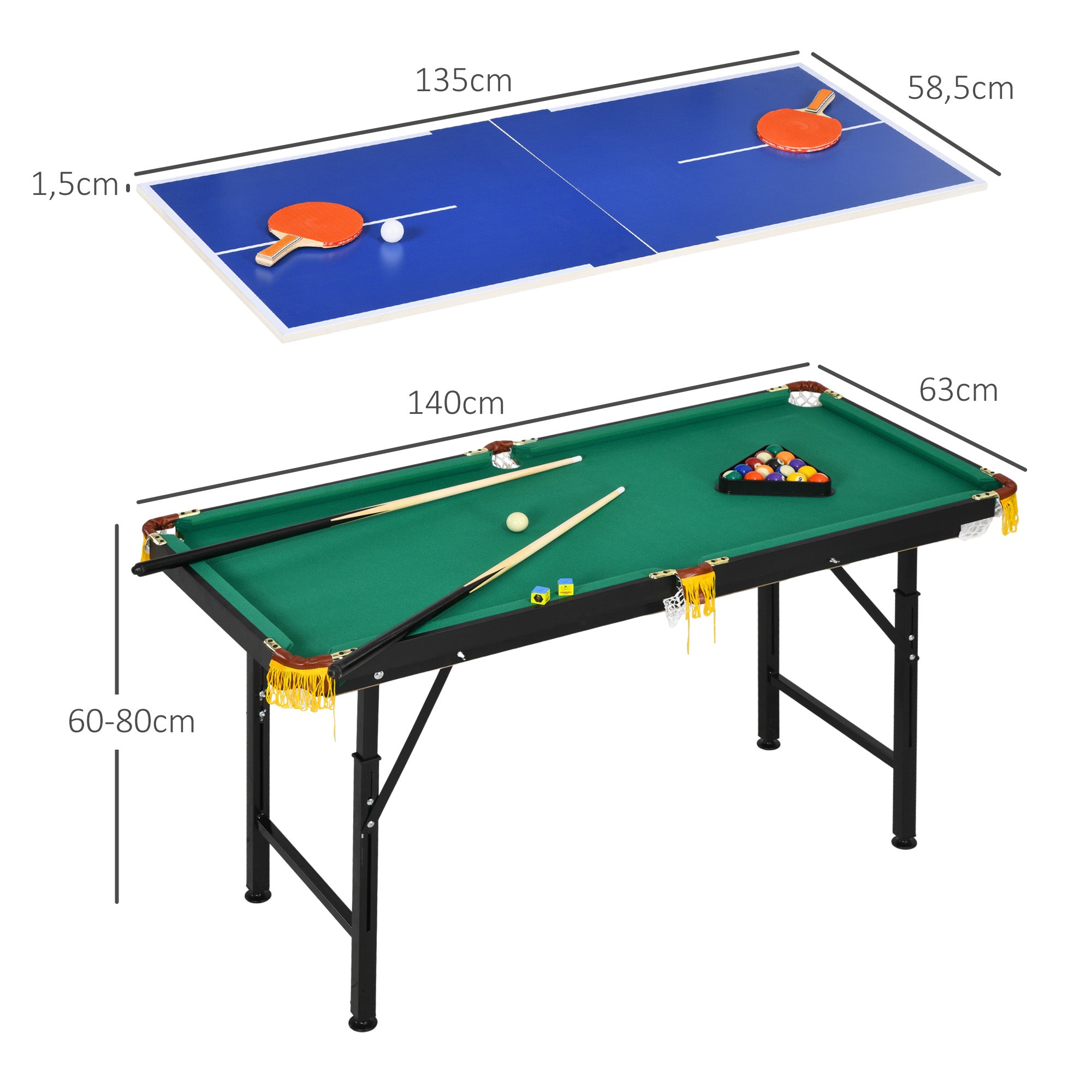 SPORTNOW 2-in-1 Billardtisch, Tischtennisplatte, mit Zubehör, 140x63x80cm, Blau/Grün