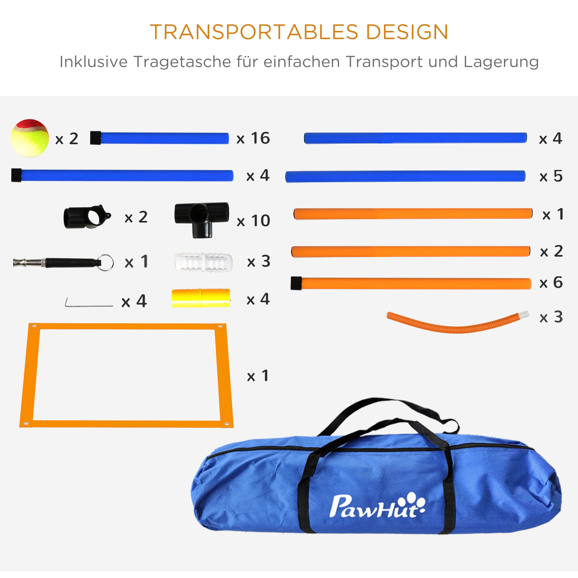PawHut Hunde-Agiliy-Set Hundeparcours, 1 Reifen, 1 Hürde, 1 Slalom-Set, 352 cm x 66 cm x 69 cm, Blau + Rot