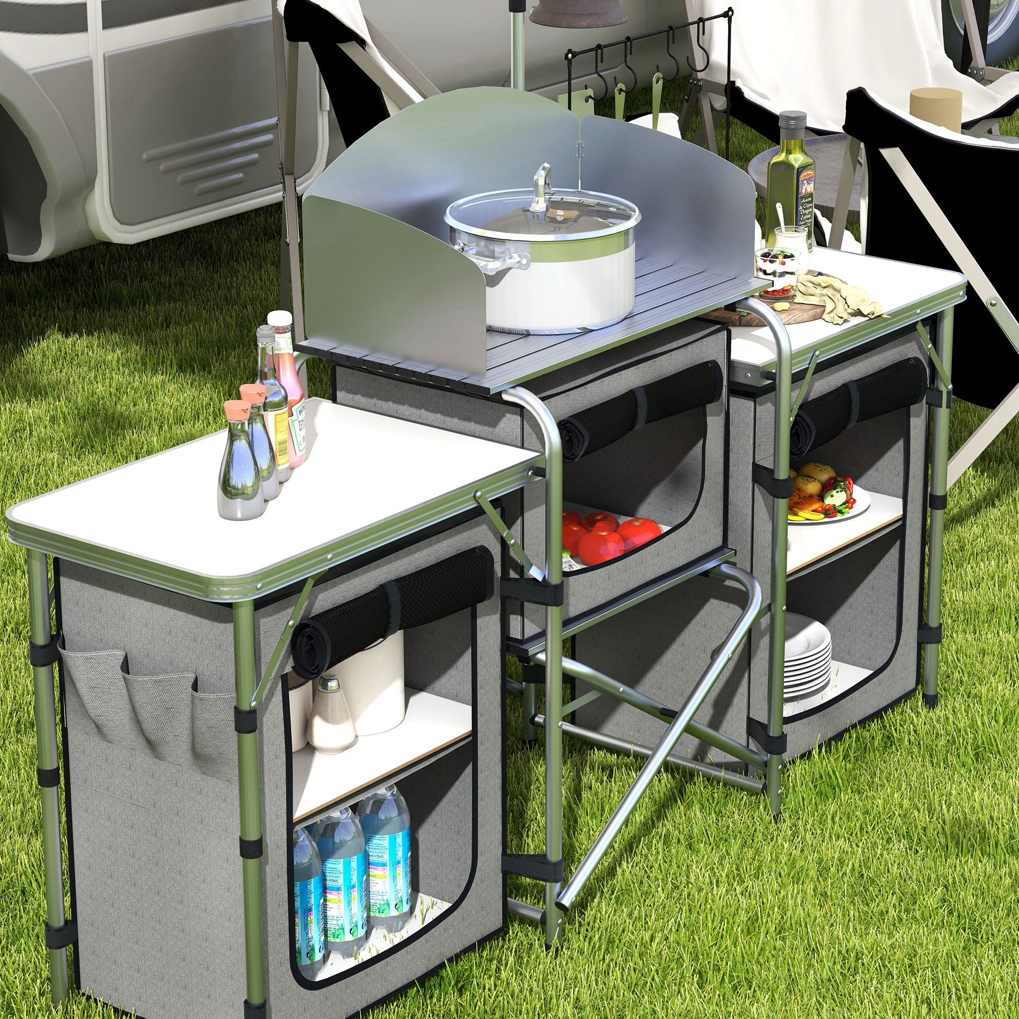 Outsunny Campingküche, klappbar, Windschutz, 3 Stofffächer, Aluminiumrahmen, 172x48x119cm, Grau/Silber