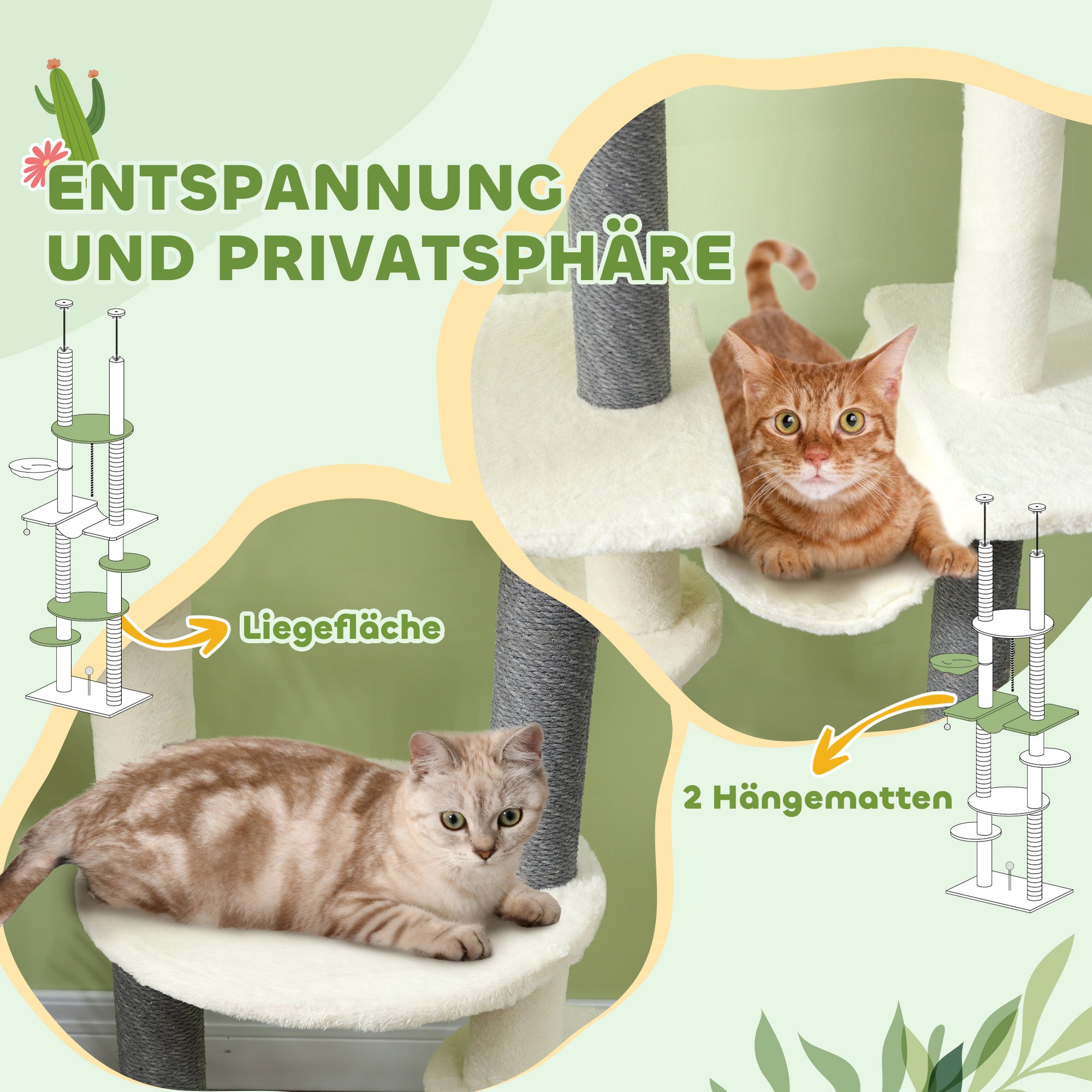PawHut Kratzbaum, deckenhoch, verstellbar 225-255 cm, Plattformen & Hängematten, Kippschutz, Weiß