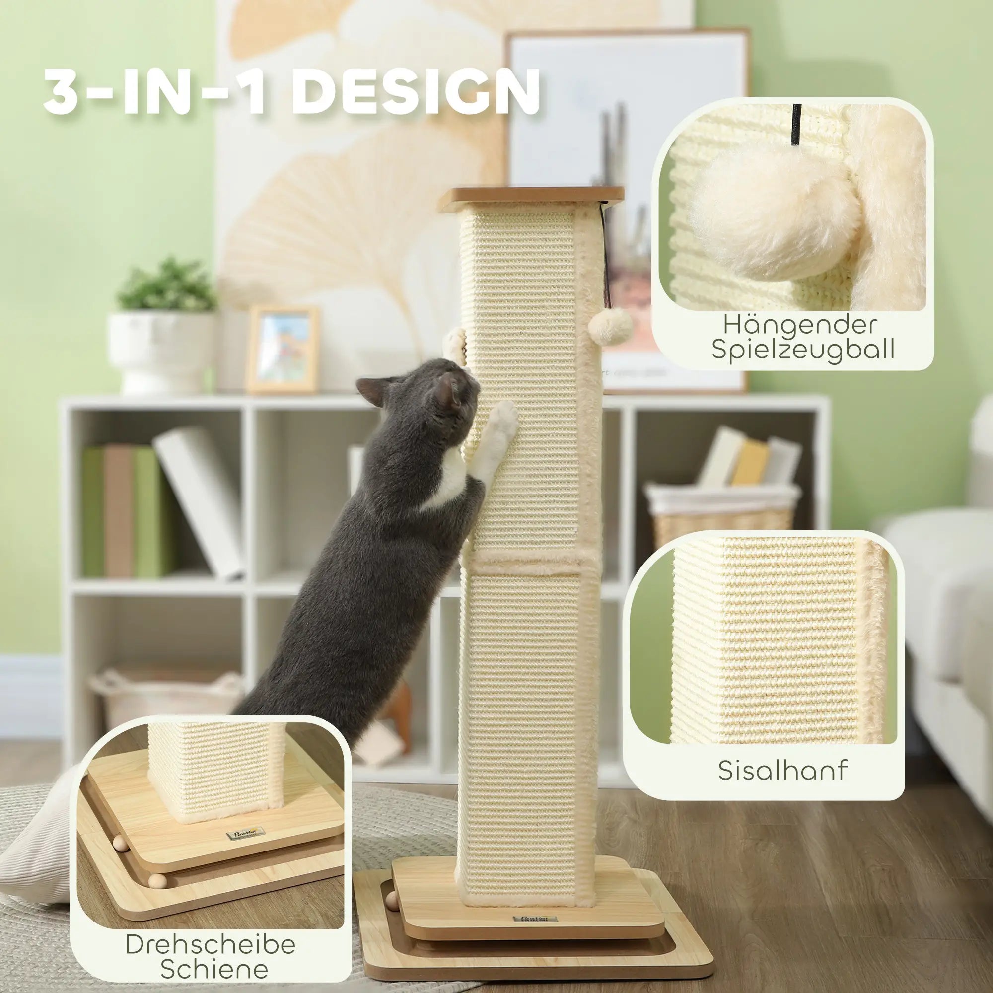 PawHut 3-in-1 Kratzstamm 87 cm mit Spielball & Sisalsäule
