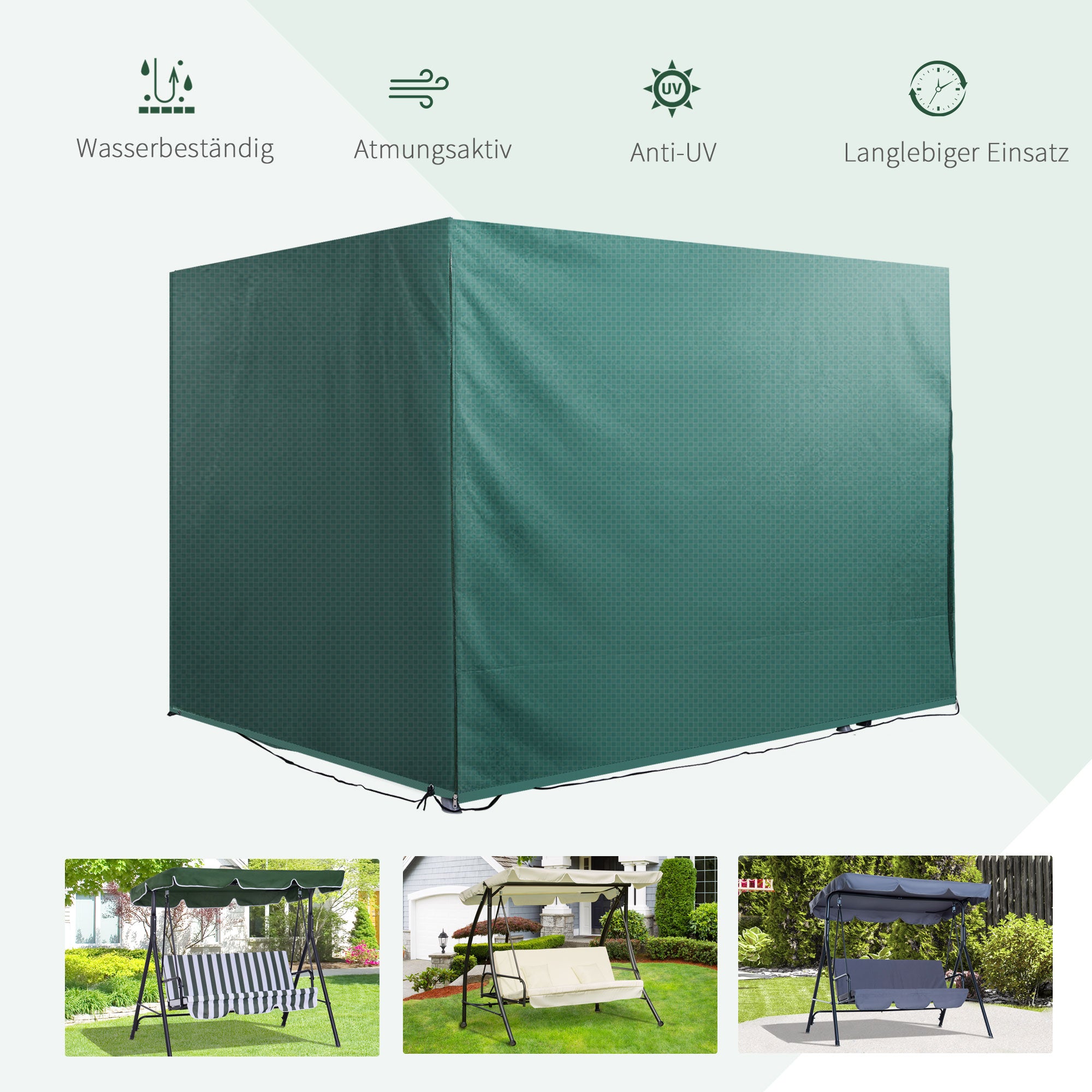 Outsunny Hollywoodschaukel Abdeckung 3 Sitzer, Wasserdicht Winterfest Schutzhülle für Gartenschaukel, Winddicht UV-Beständig Abdeckplane für Gartenmöbel, Hängesessel, 215 x 155 x 150 cm Grün