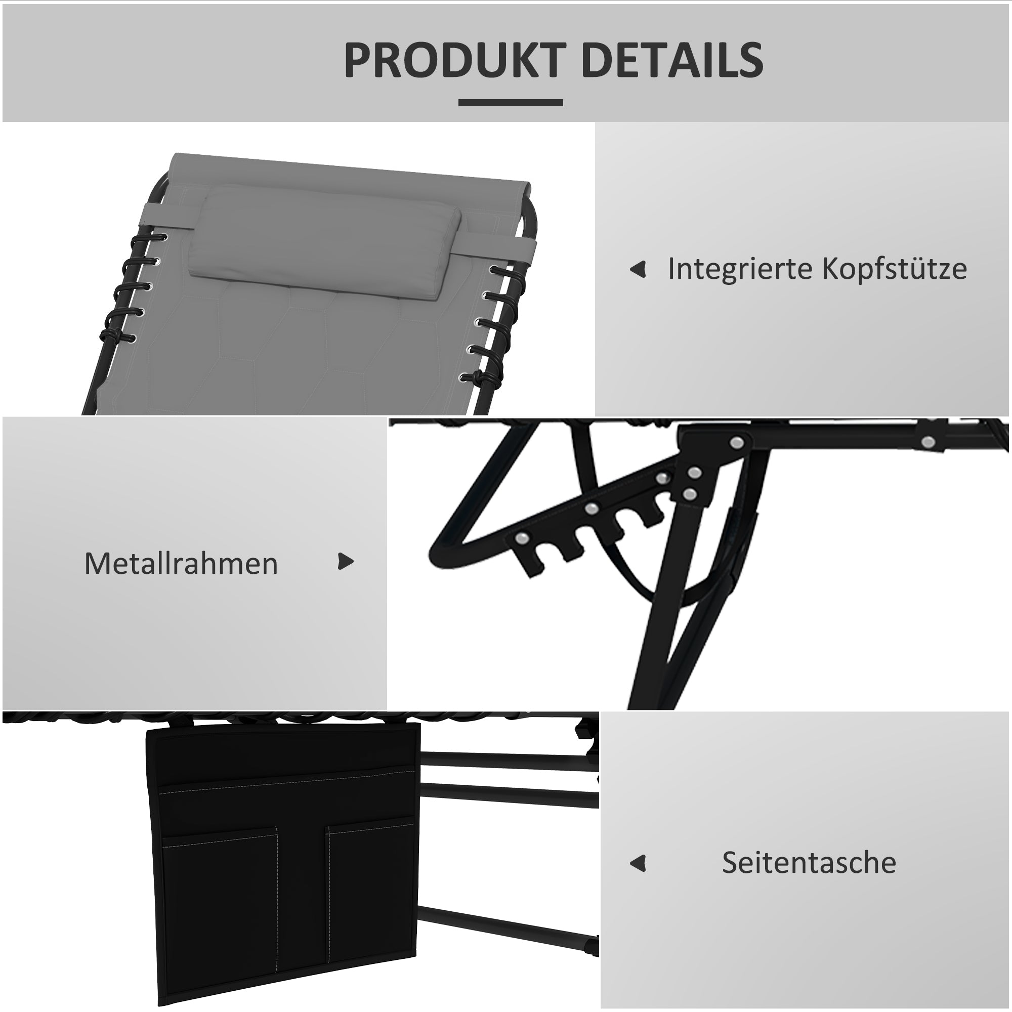 Outsunny Sonnenliege Liegestuhl Gartenliege, klappbar, inkl. Kissen, wetterbeständig; 188 cm x 65 cm x 36 cm, Grau + Schwarz