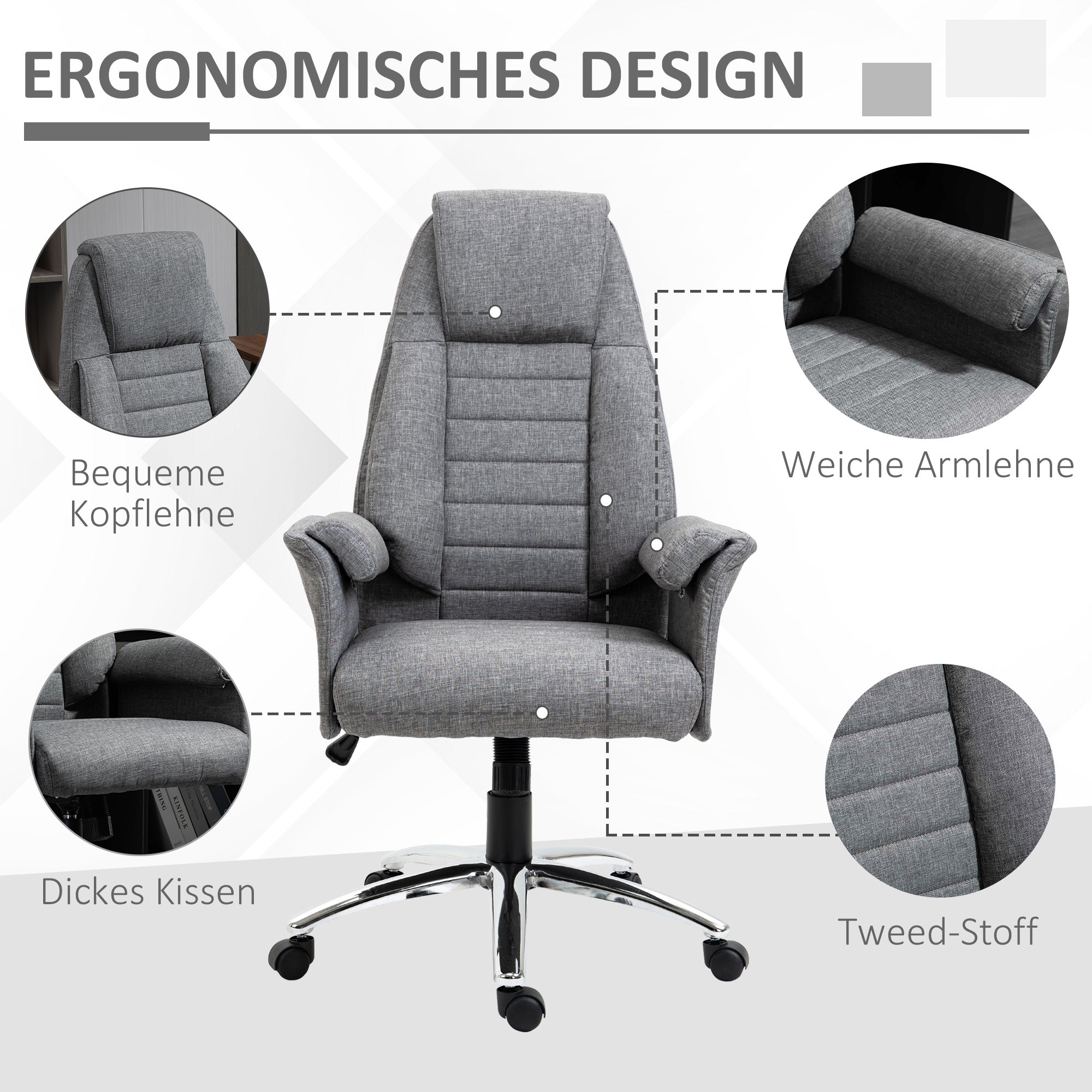 HOMCOM Chefsessel, höhenverstellbar, 5 Rollen, ergonomische Form, 68 cm x 69 cm x 126 cm, Grau