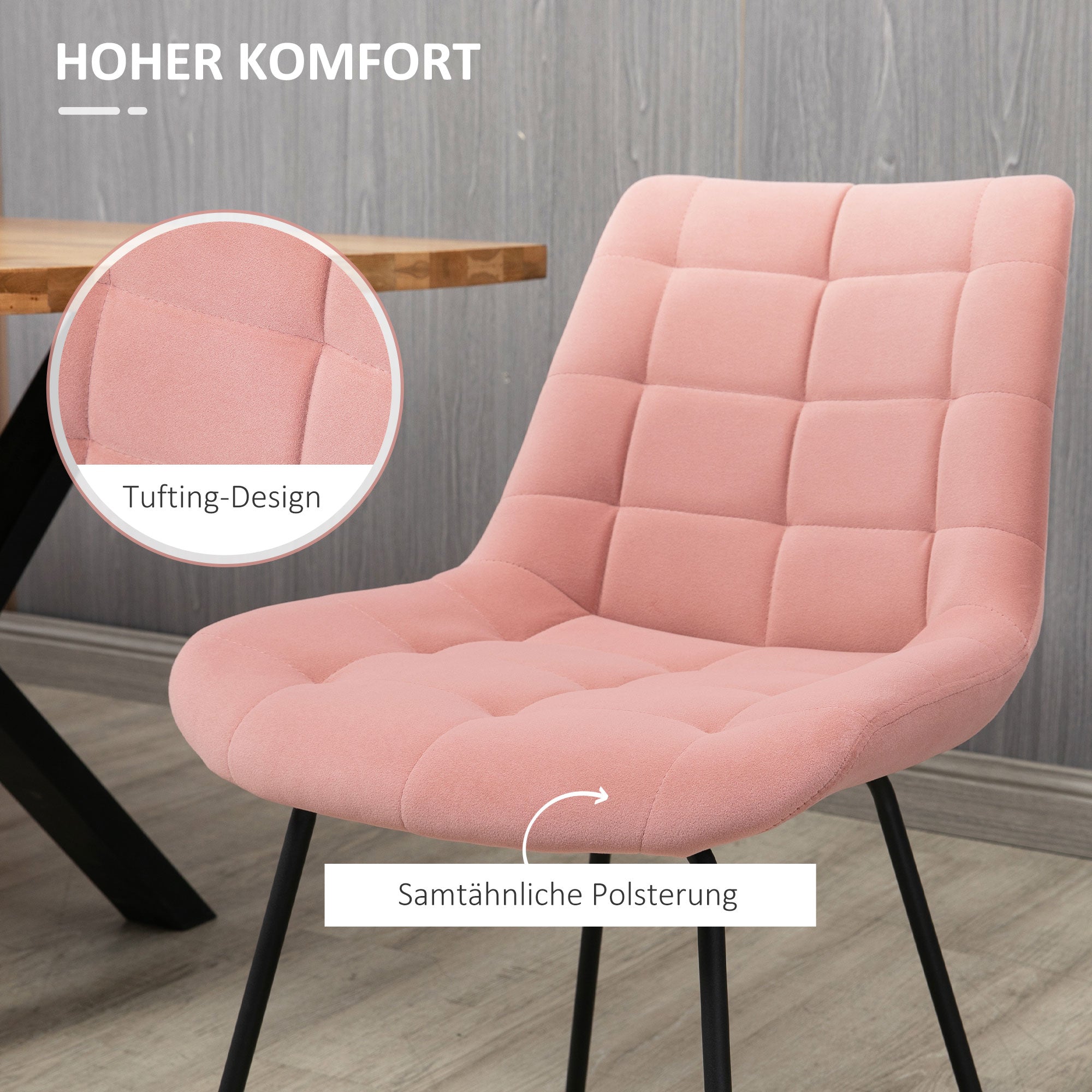 HOMCOM 2er-Set Esszimmerstühle  Akzentstühle Küchenstühle, Retro-Design, Samtoptik, 50 cm x 61 cm x 79 cm, Rosa