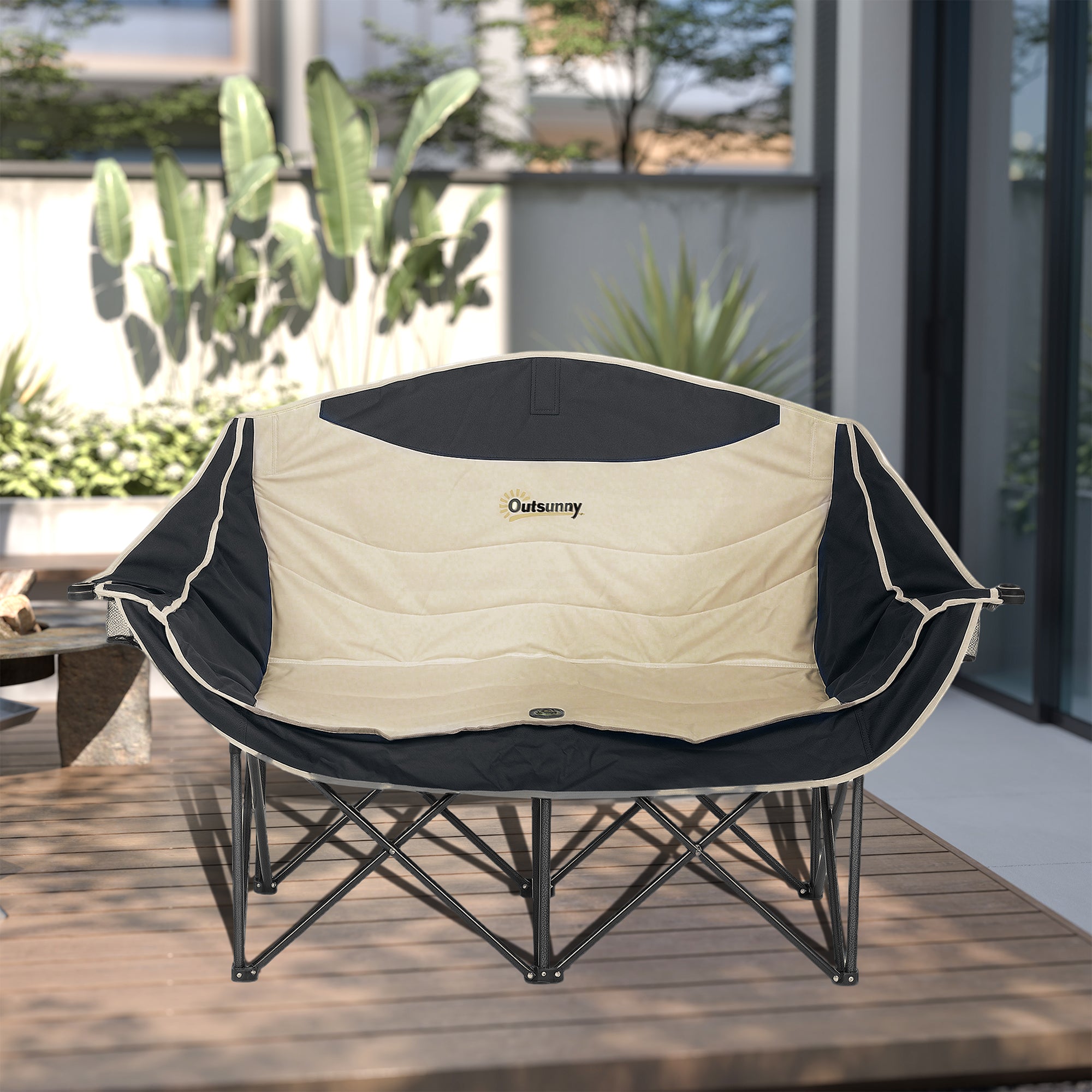 Outsunny Faltstuhl faltbar 2 Sitzer Campingstuhl mit Getränkehalter Tragetasche bis 250kg belastbar Khaki