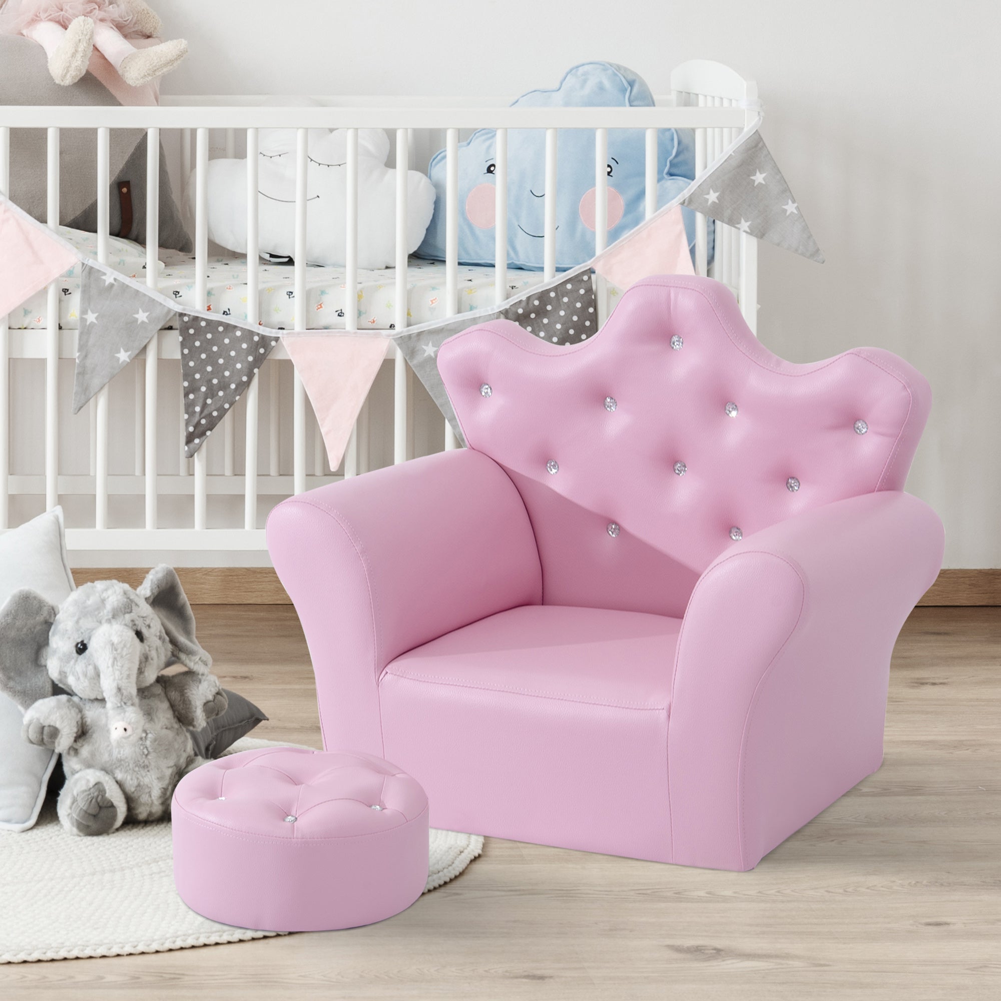 HOMCOM Kindersessel mit Kristallknöpfen & Hocker rosa