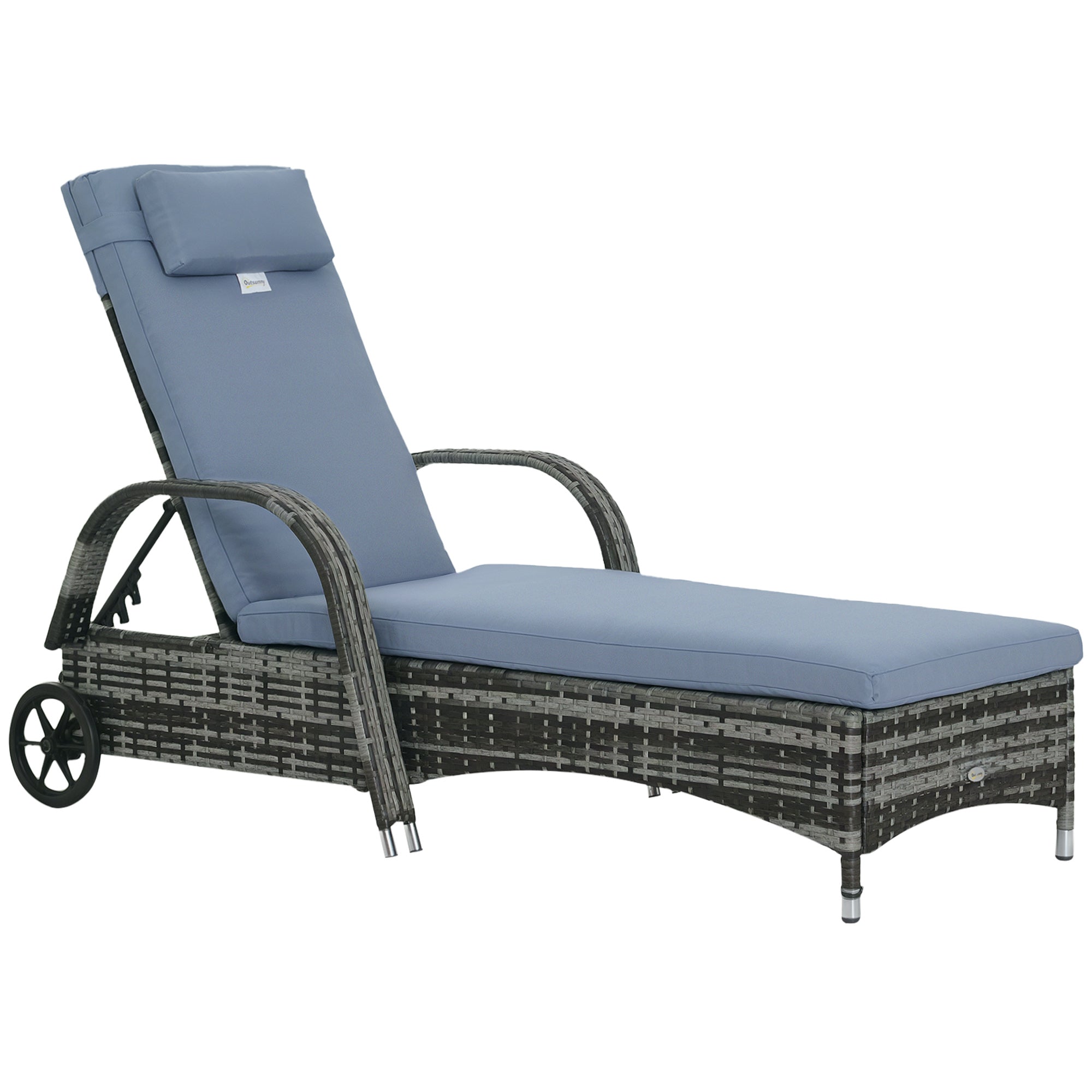 Outsunny Sonnenliege Polyrattan Gartenliege mit 5-Fach verstellbarer Rücklehne, Polsterauflage, Rollen, Kissen, 160 kg belastbar Relaxliege Liegestuhl für Garten, 200x73x30-103cm, Grau