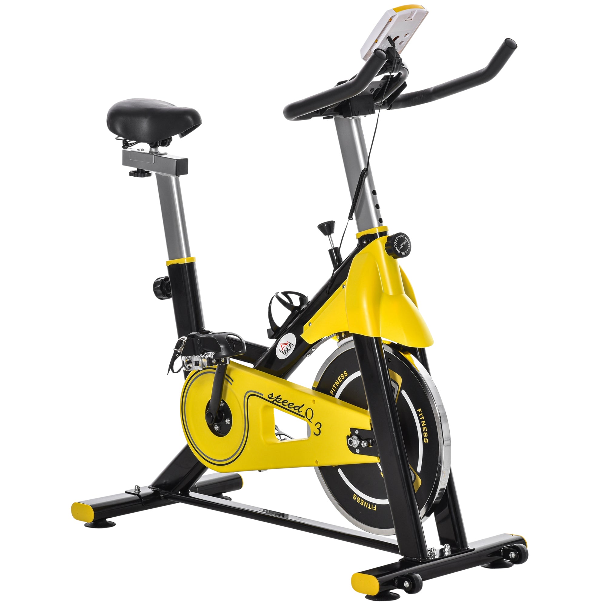 HOMCOM Fahrradtrainer höhenverstellbarer Heimtrainer Fitnessfahrrad Rollentrainer mit Riemenantrieb LCD-Display Stahl ABS Gelb+Schwarz 45,5 x 100 x 101-113 cm