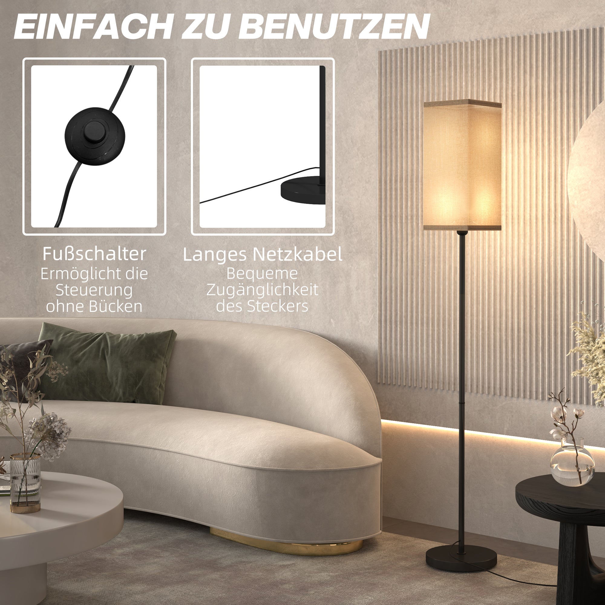 HOMCOM Moderne Stehlampe mit Kunstleinen-Schirm und Fußschalter, für Wohnzimmer und Schlafzimmer, Metall, Schwarz