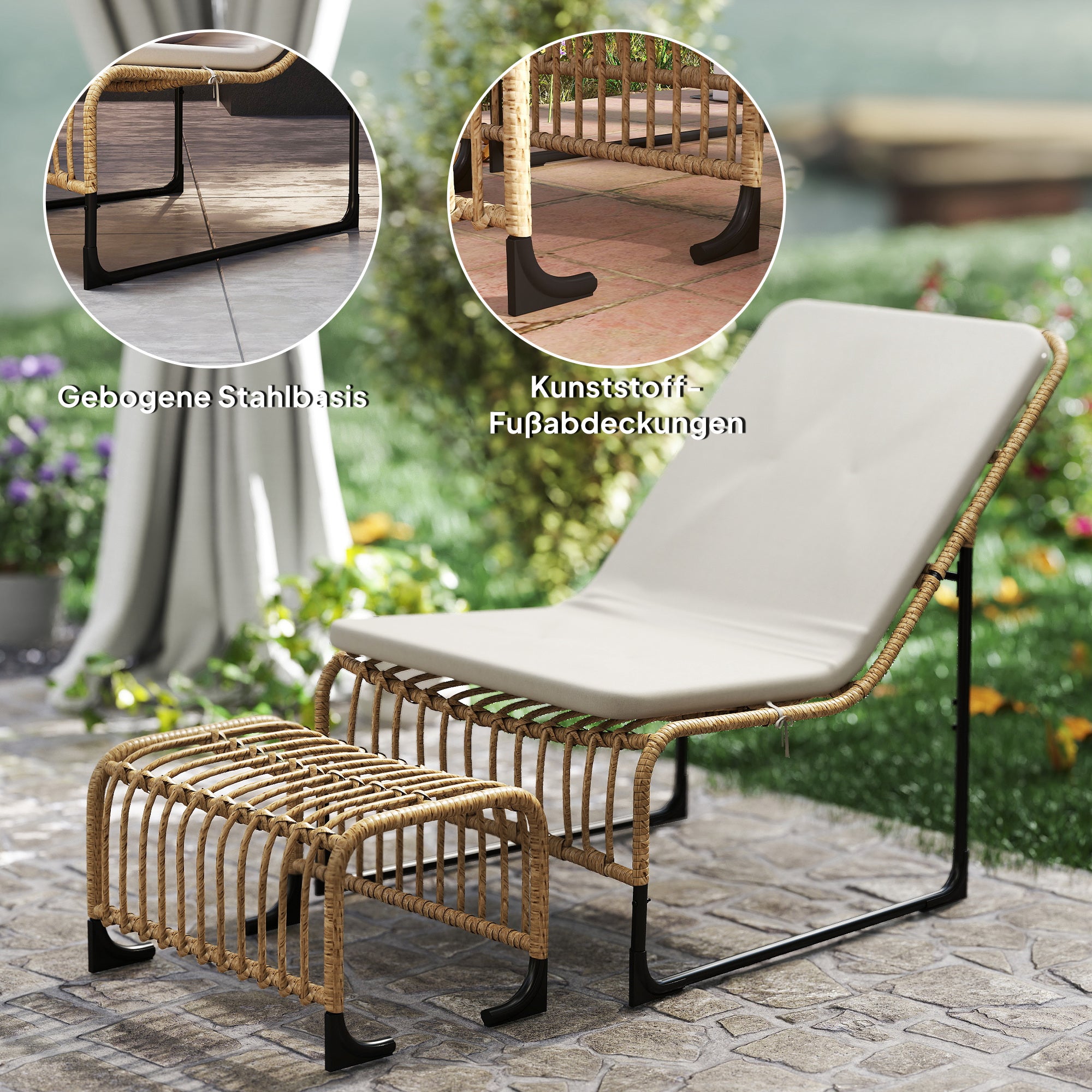 Outsunny Rattan Relaxsessel mit Fußhocker UV-beständig Gartensessel mit Kissen Bänder 65 x 93 x 80 cm Naturholz