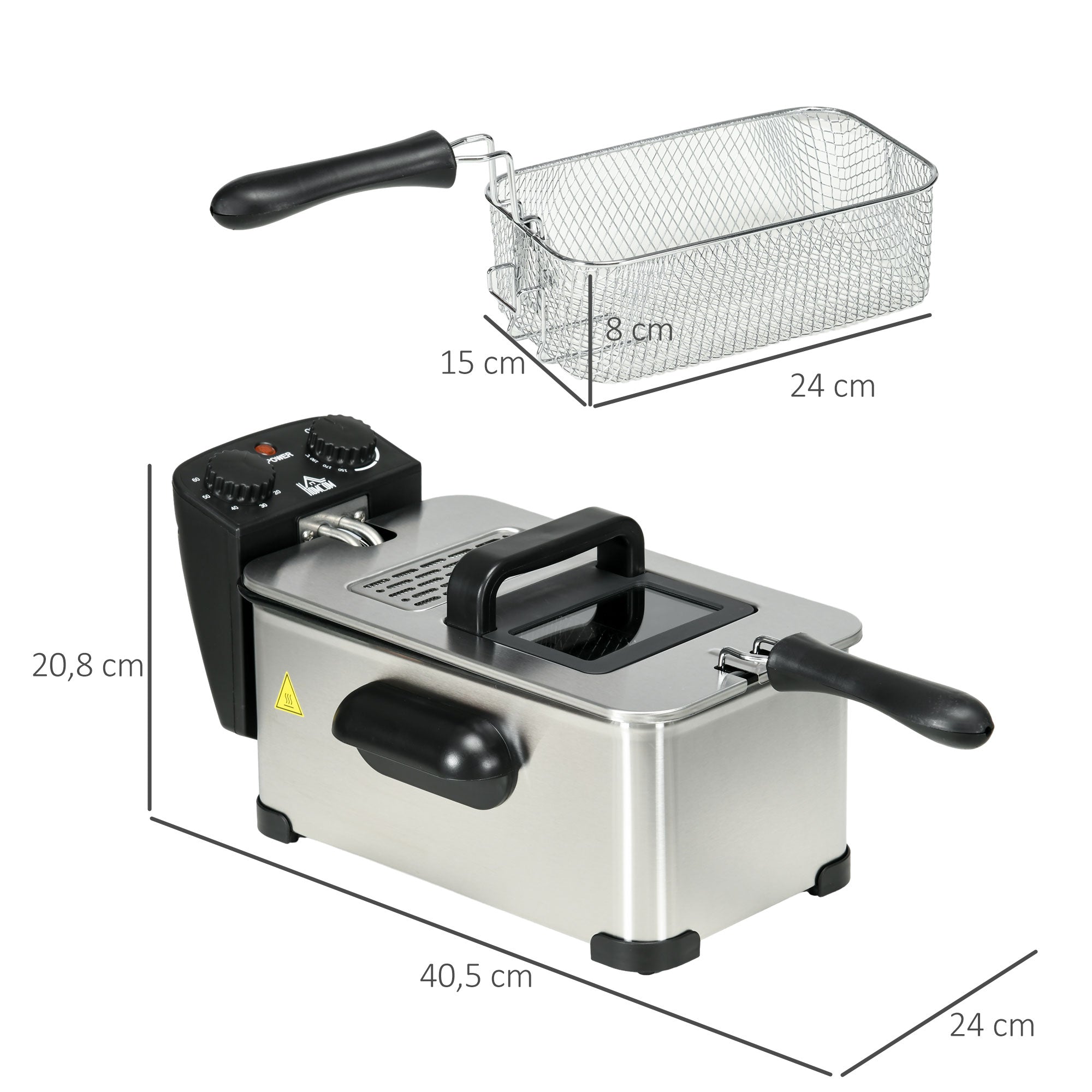 HOMCOM Fritteuse, 3 Liter, 2.000W Leistung, Klarsichtdeckel, kühler Griff, Schwarz