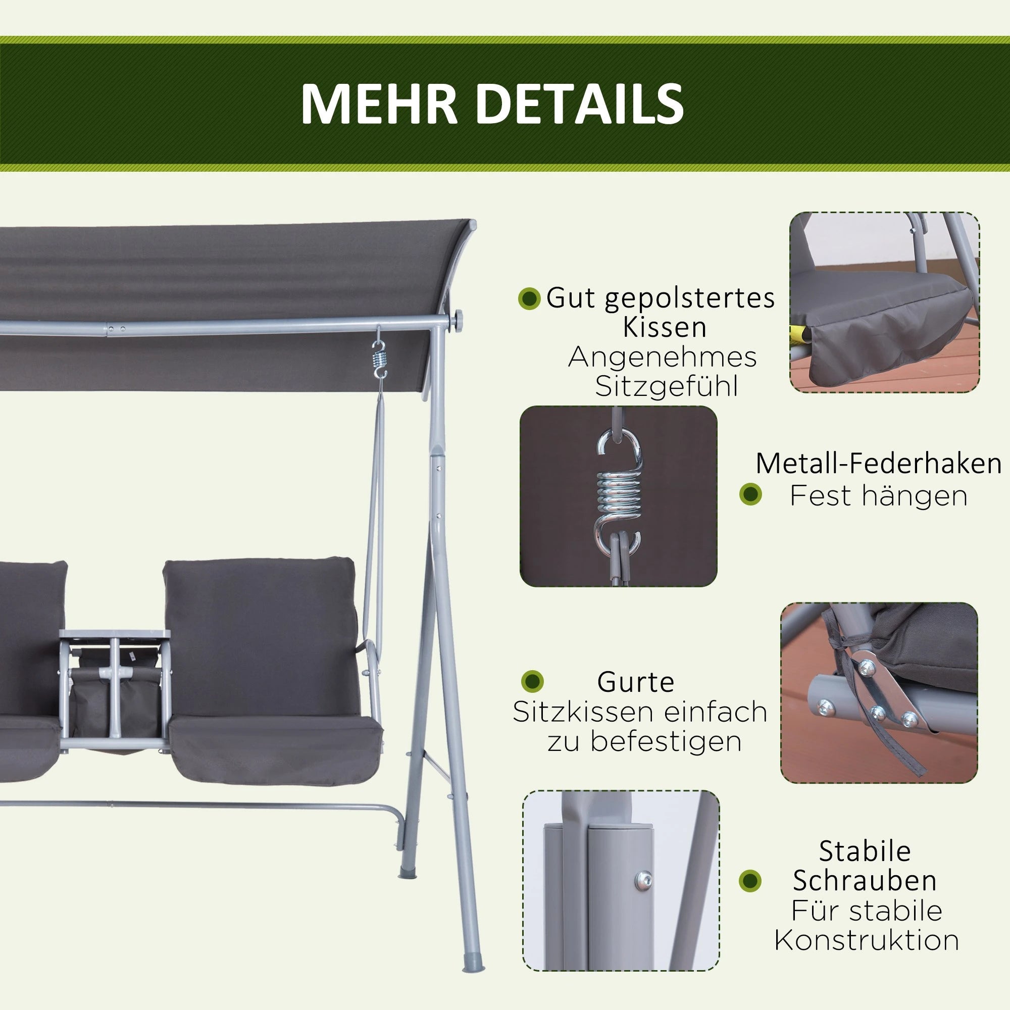 Outsunny Hollywoodschaukel 2-Sitzer mit Sonnendach Becherhalter