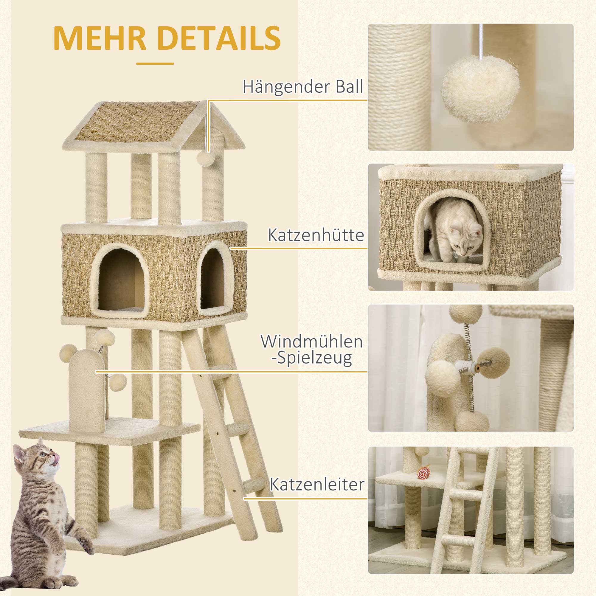 PawHut mit Katzenhöhle inkl. Spielzeug  Sisal Plüsch Khaki + Beige + Kaffee
