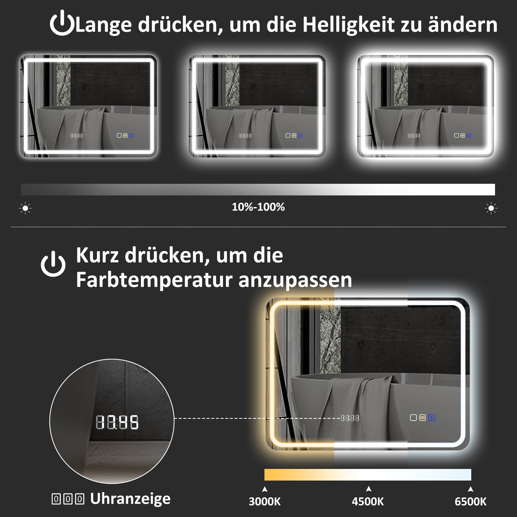 HOMCOM Badezimmerspiegel mit LED-Beleuchtung, Anti-Beschlags-Pad, 3 verstellbare Farben, Uhr, 700 x 900 mm, Silberfarben