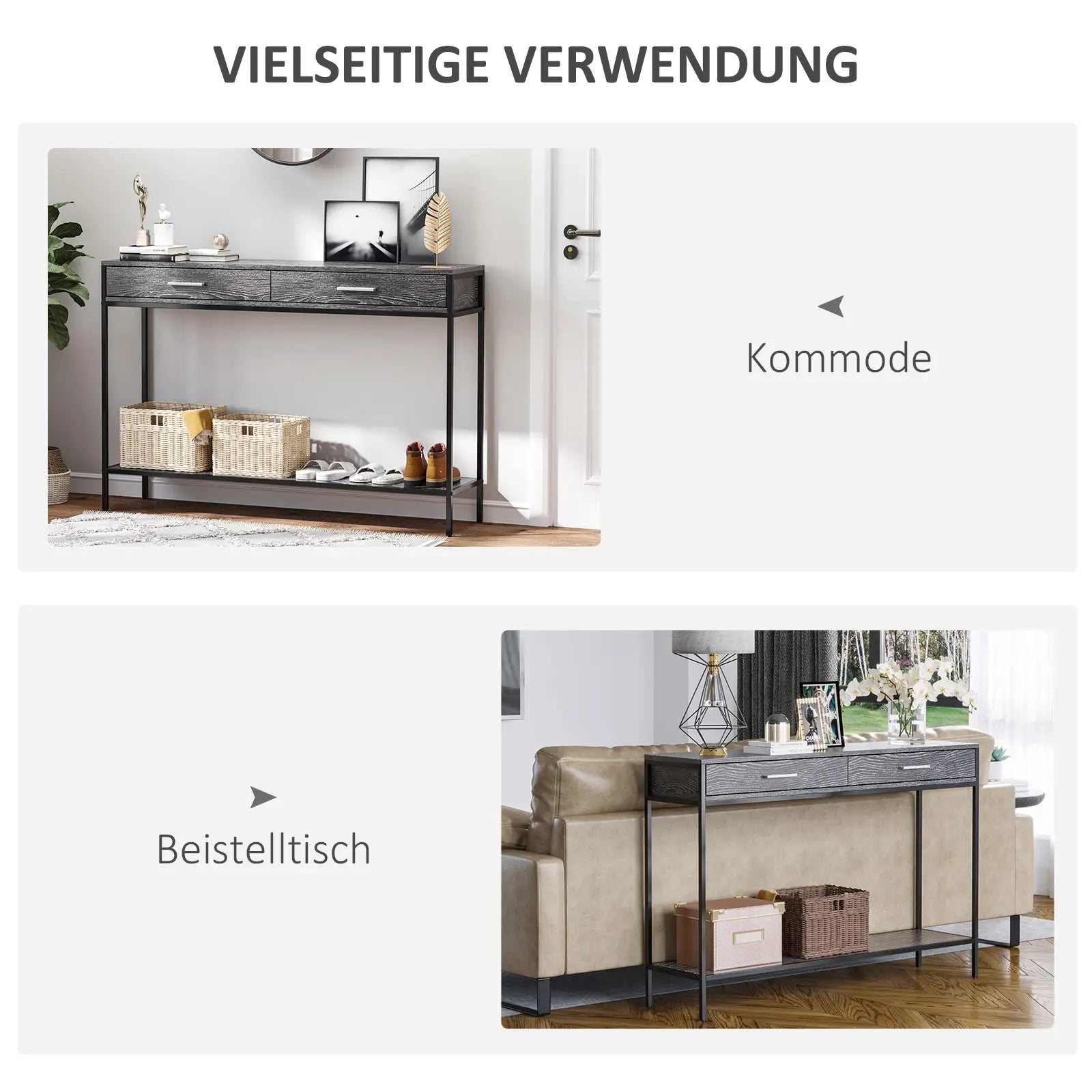 HOMCOM Konsolentisch Eingangstisch Beistelltisch 2 Schubladen Unterregal Stahl Grau 120 x 30 x 81,5 cm