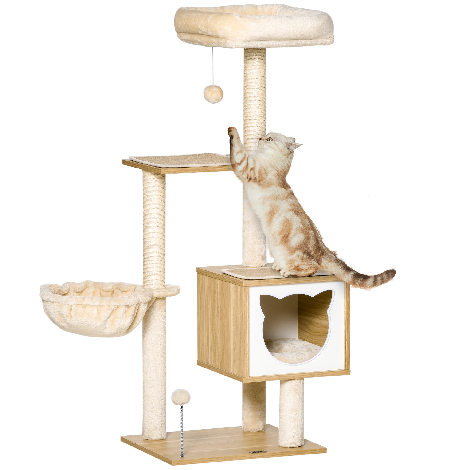 PawHut Kratzbaum Katzenbaum mit Katzenhöhle Plattform Höhe 126 cm Kletterbaum aus Holz Katzenkratzbaum Spanplatte Sisal Kurzplüsch Beige 48 x 40 x 126 cm