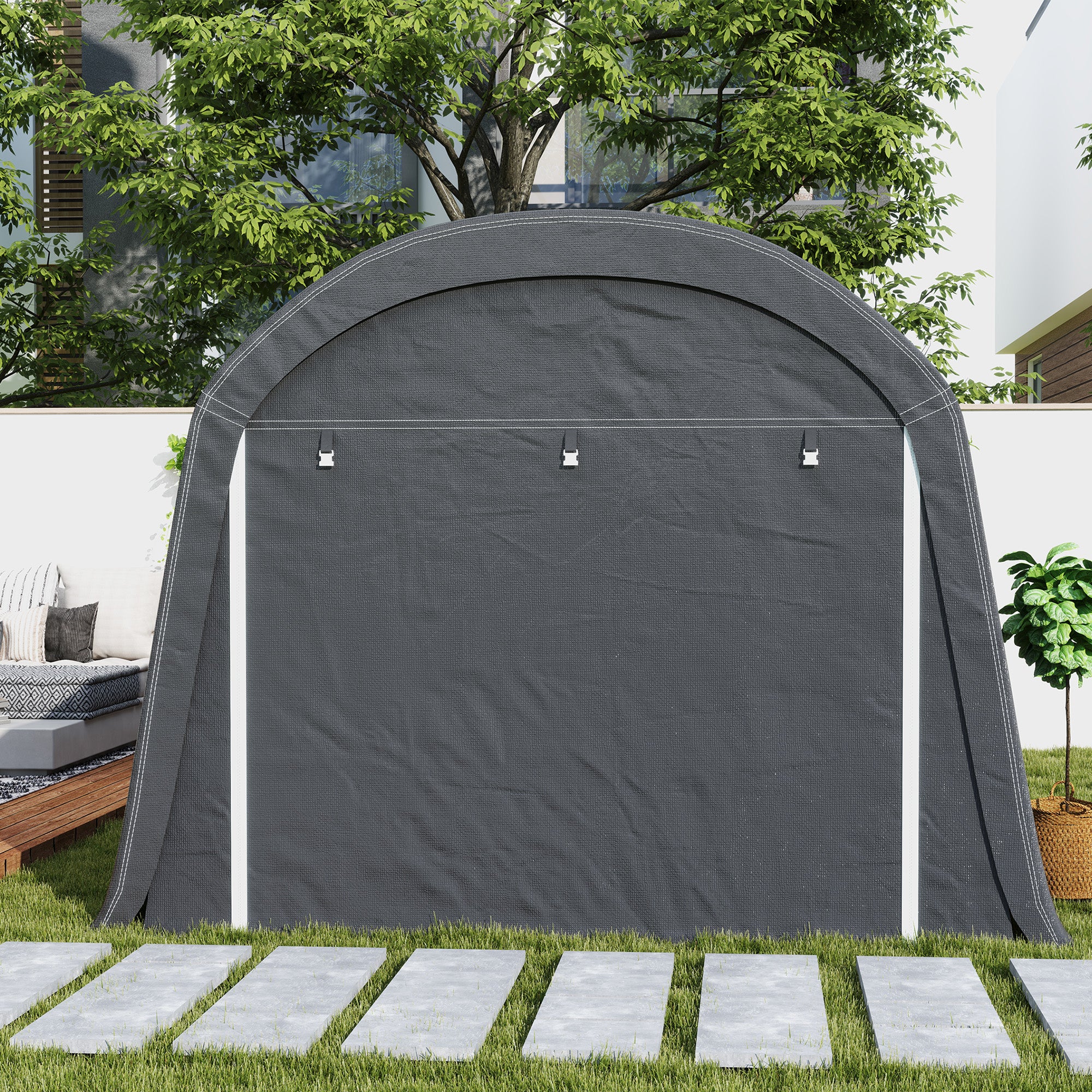 Outsunny Gartenschuppen mit Kunststoff-Plane, Werkzeugzelt, aufstellbare Garage, 300B x 600T x 230H cm, Dunkelgrau