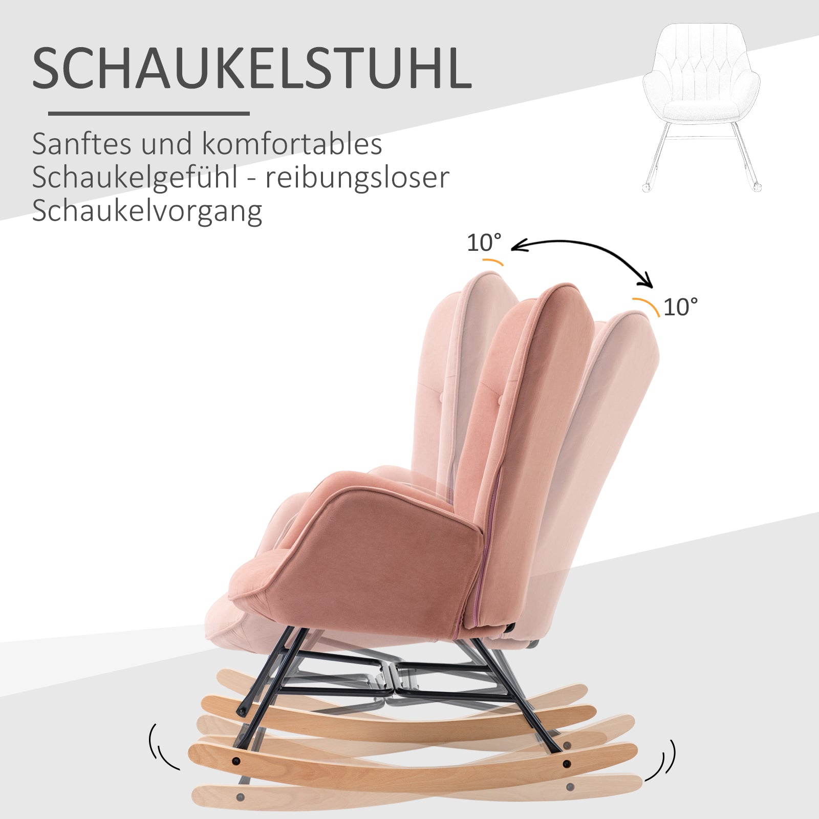 HOMCOM Schaukelstuhl mit Steppung, Holzkufen, Samtoptik, bis 150 kg, Rosa