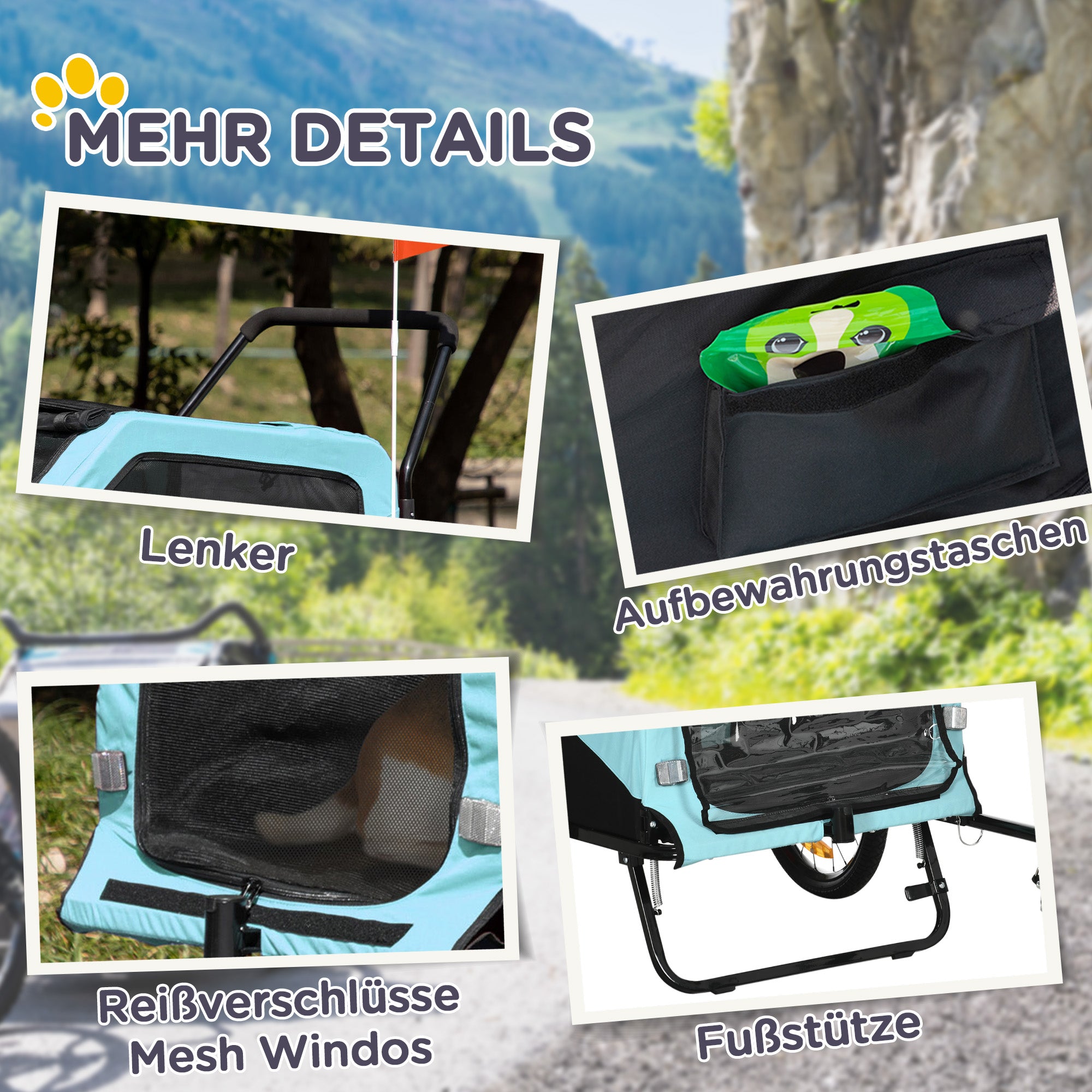 PawHut 2-in-1 Hundeanhänger Hundewagen Fahrradanhänger bis 30kg klappbar Schiebefunktion 2 Eingänge Netzfenster Sonnenschutz Stahlrahmen hellblau 170 x 77 x 90 cm