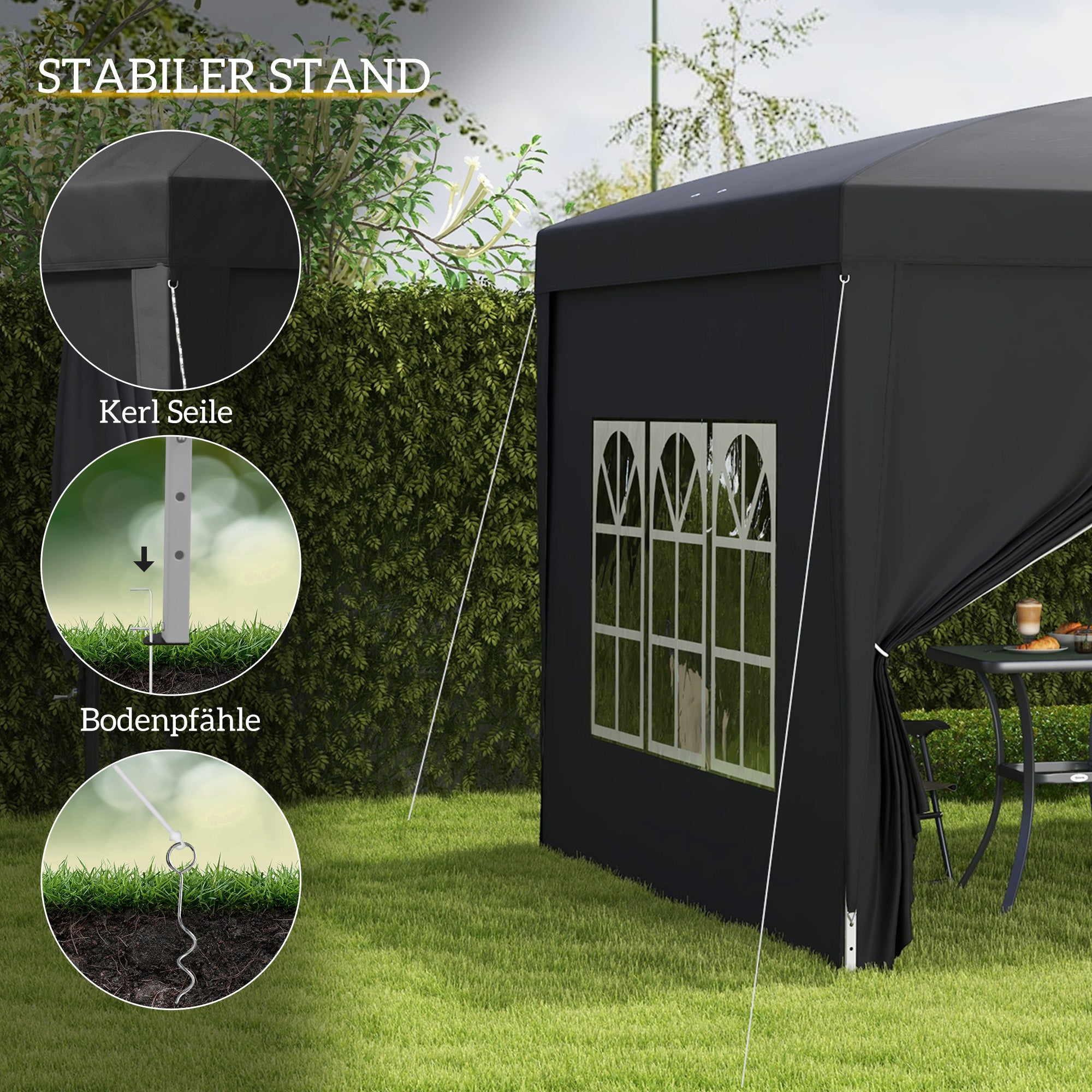 Outsunny 3 x 3 m Pavillon mit 4 Seitenwänden, Fenster, Festzelt mit UV-Schutz, Gartenzelt inkl. Tragetasche, Stahl, Schwarz