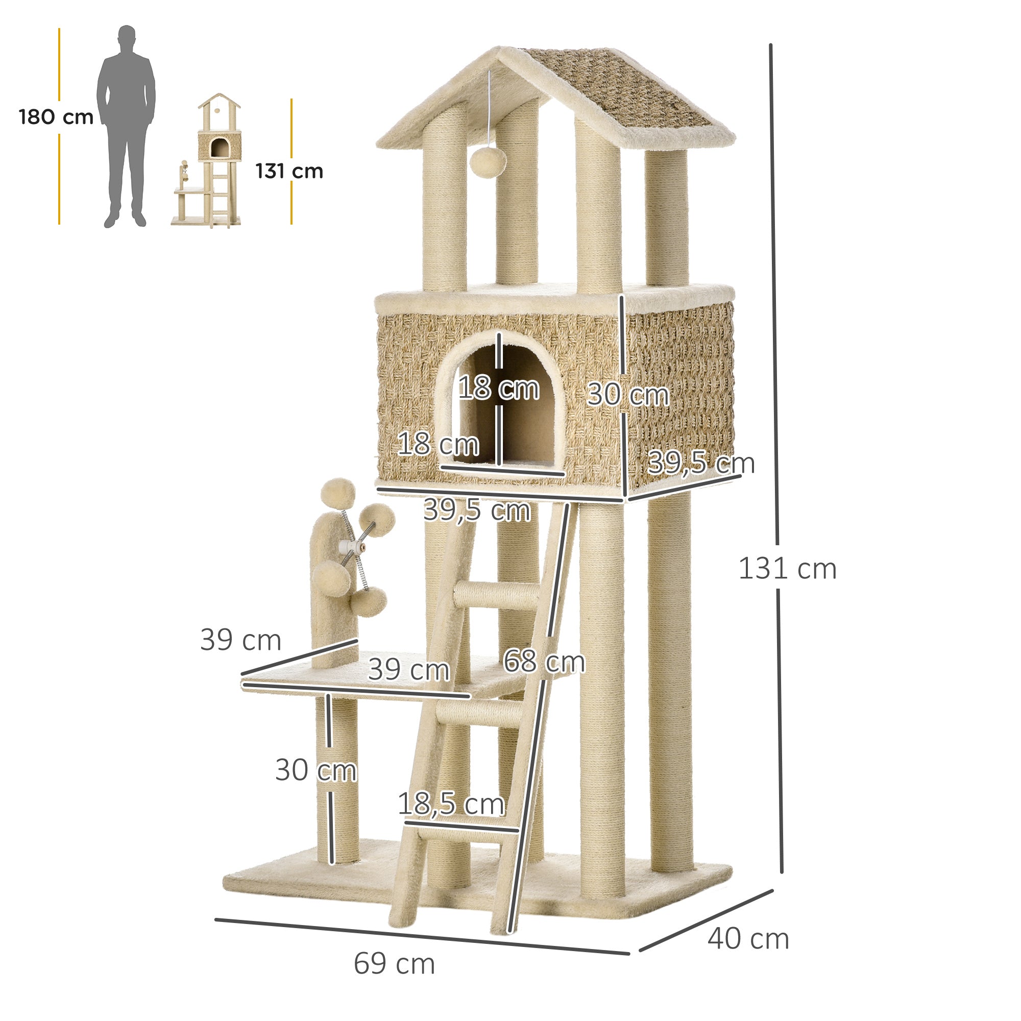 PawHut mit Katzenhöhle inkl. Spielzeug  Sisal Plüsch Khaki + Beige + Kaffee