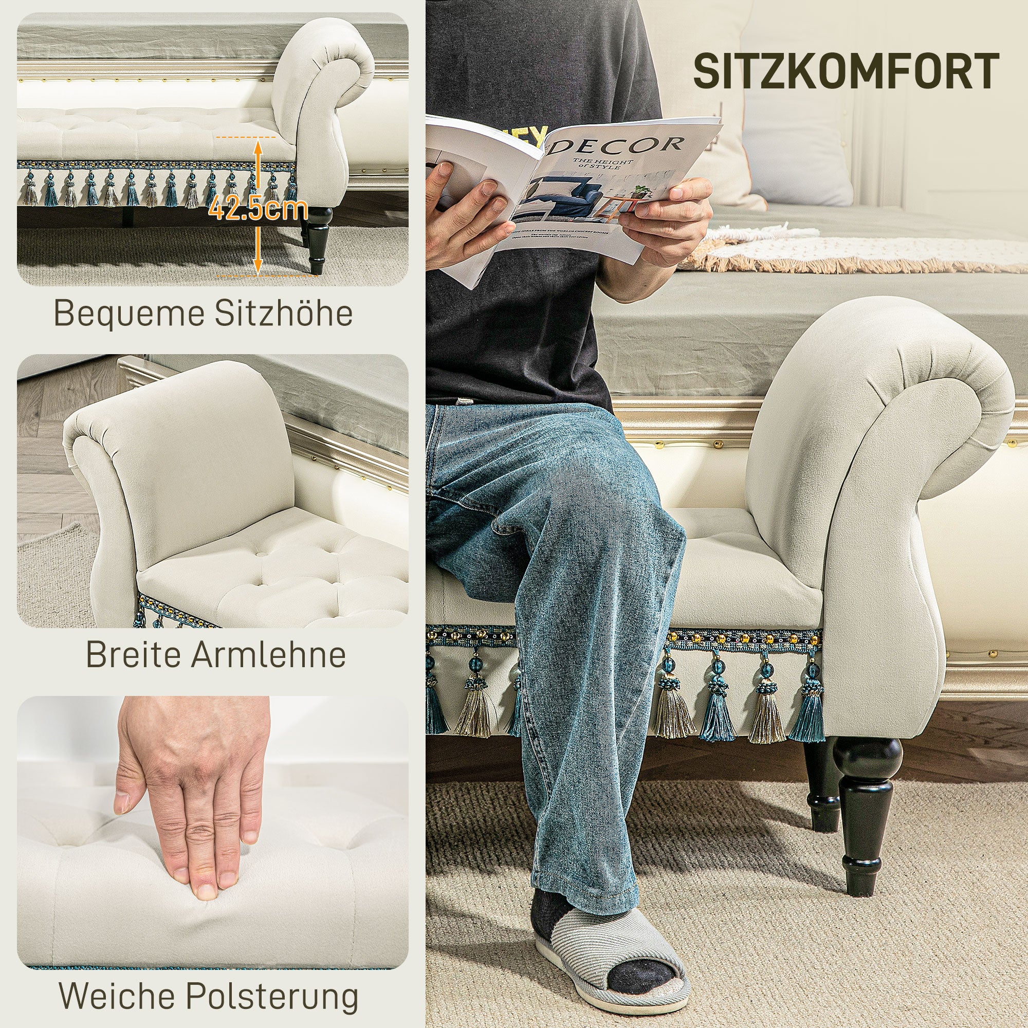 HOMCOM Polsterbank, Sitzbank, Vintage-Design, bis 150 kg, 117x40x58 cm, Beige