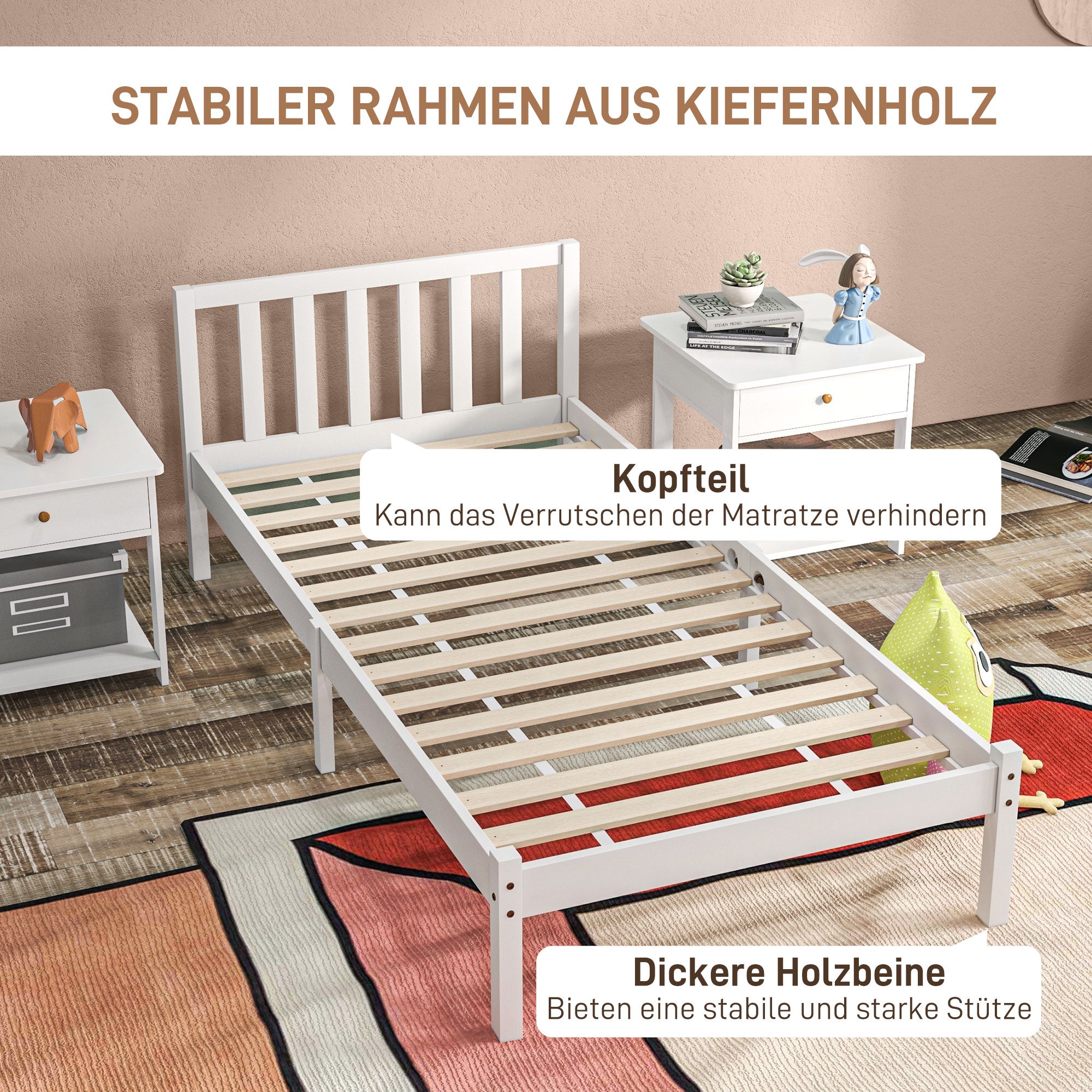 HOMCOM Einzelbettgestell, Kopfteil & Lattenrost, 26cm Freiraum unter Bett, Kiefernholz, 208x96x70 cm, Weiß