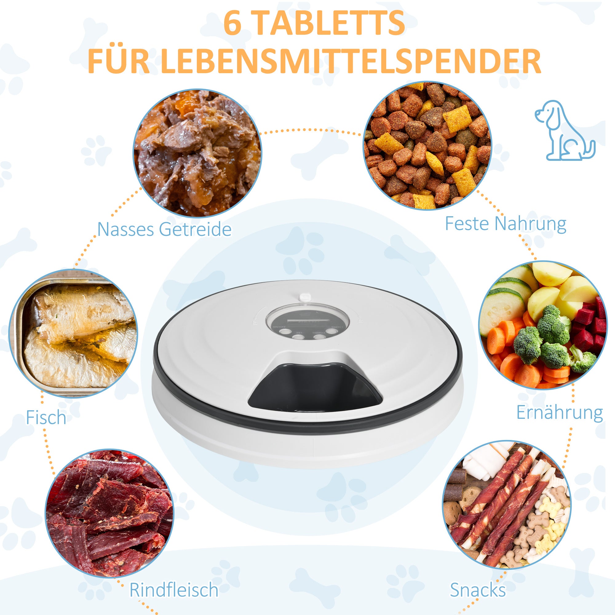 PawHut Futterautomat Katze Nassfutter Katzenfutter mit LED-Display, Programmierbarem Timer, 6 Futter-Fächer für je 70 g Trockenfutter 4 Mahlzeiten Automatischer Futterspender für Hunde Katzen