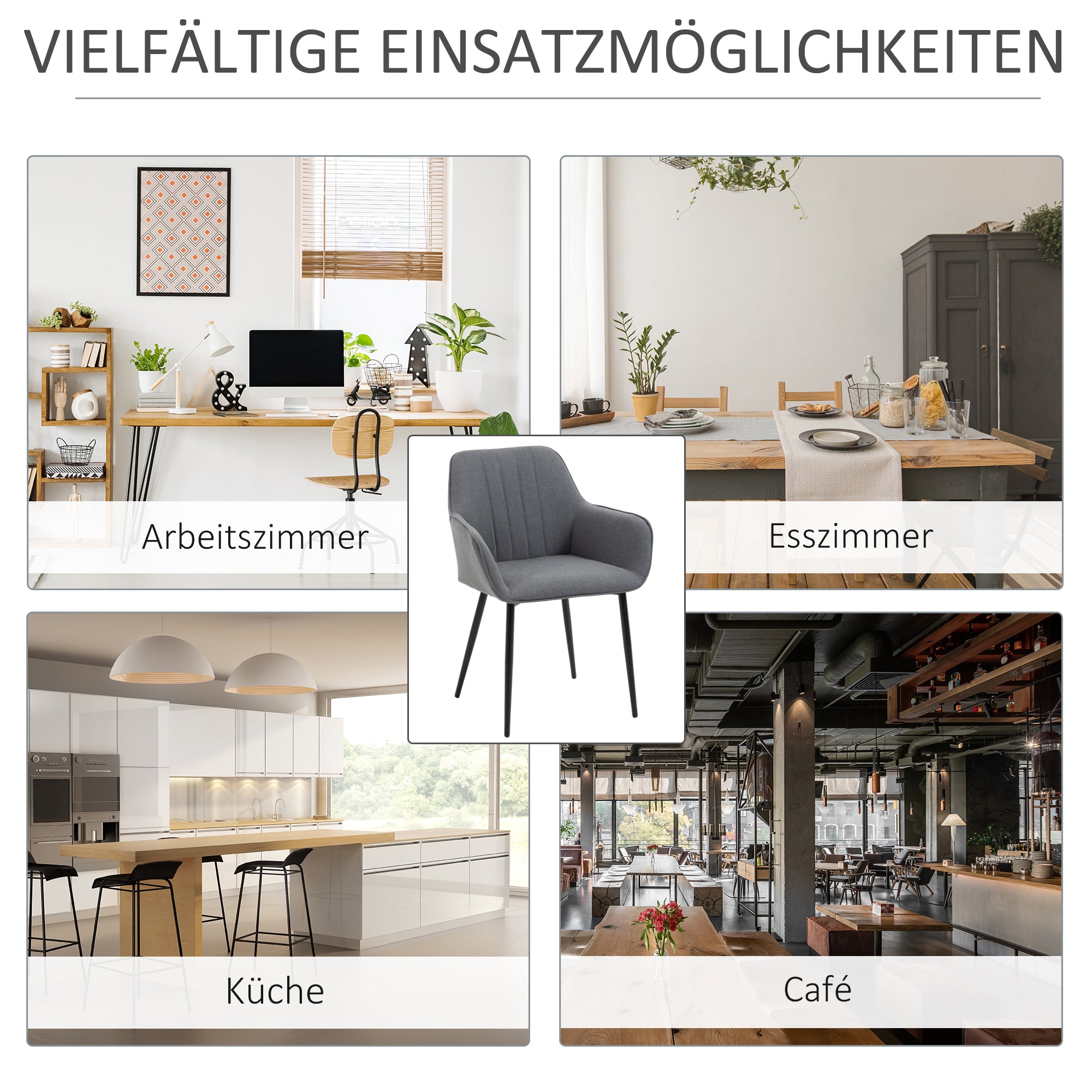 HOMCOM 2er Set Esszimmerstühle Essstühle Polsterstuhl mit atmungsaktivem Leinenbezug Wohnzimmerstuhl Sessel Küchenstuhl mit Rückenlehne Armlehne Leinen Dunkelgrau 59,5 x 56,5 x 81 cm