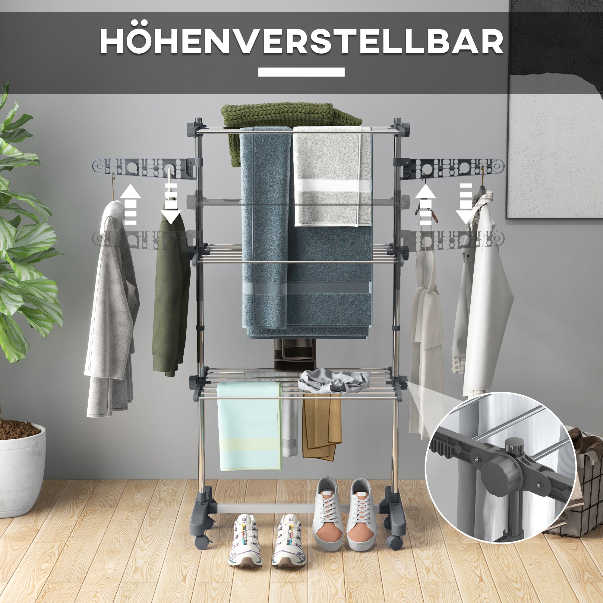 HOMCOM Wäschenständer Wäschetrockner. 4 Ebenen, klappbar, One-Klick-System, 142 cm x 55 cm x 152 cm Blau + Silber