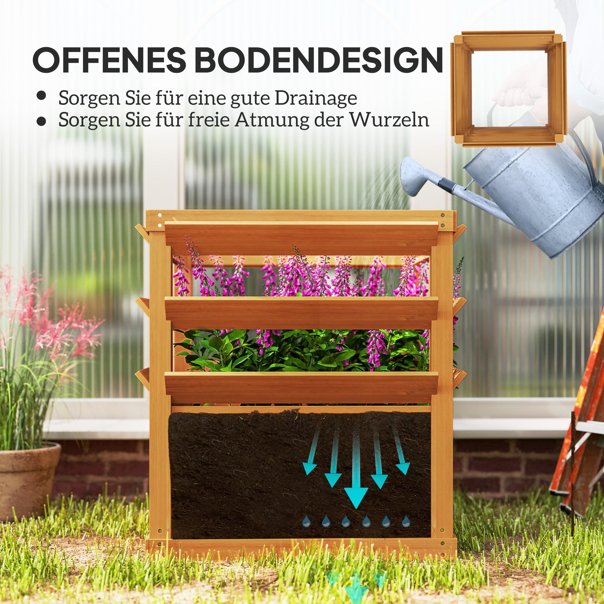 Outsunny Hochbeet Pflanzkasten mit Rankgitter, Spalier Pflanzkübel Blumenkasten Holz 65 x 65 x 60 cm Karamellbraun