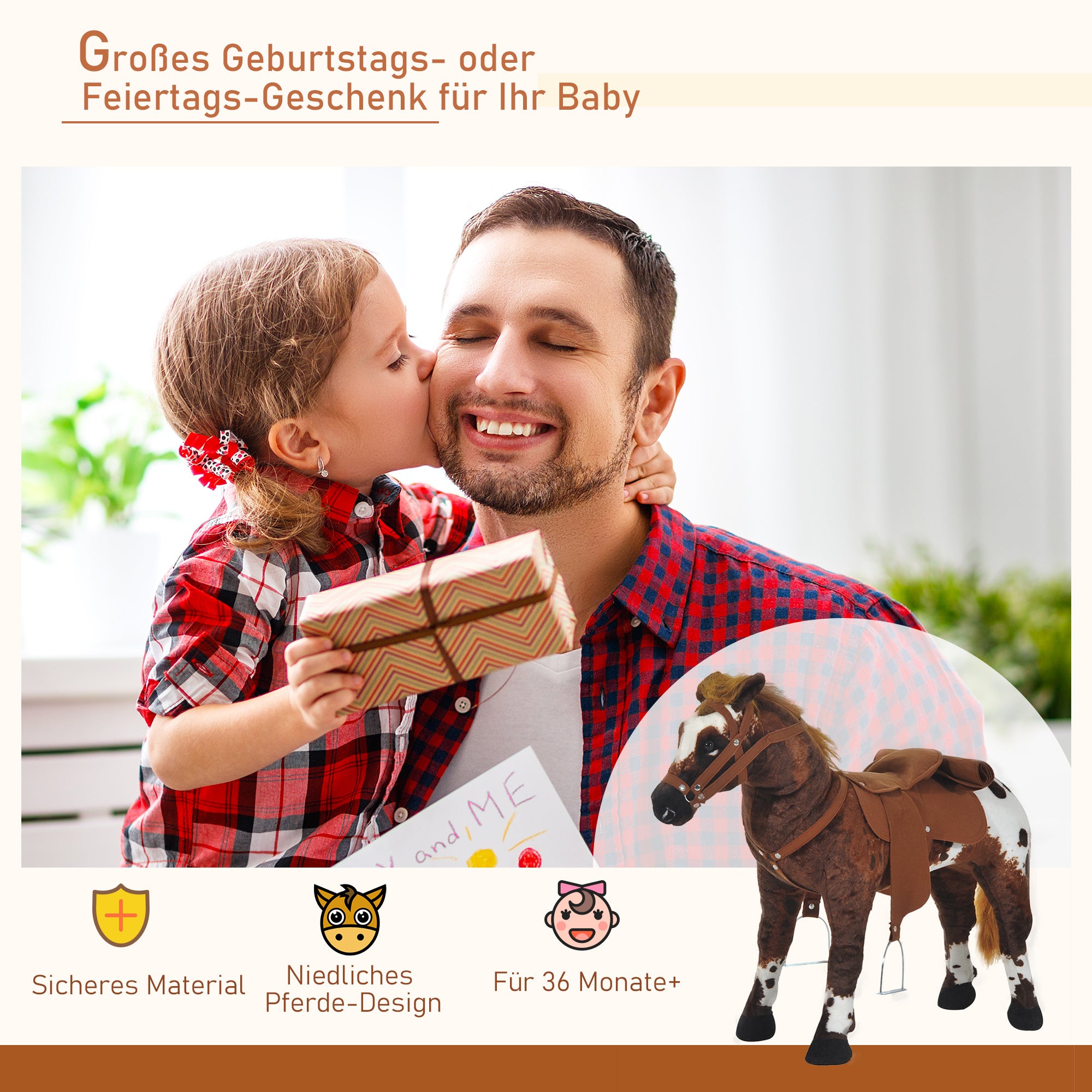 HOMCOM Spielpferd Reitpferd für Kinder ab 2 Jahren, Weiches Plüschpferd mit Sattel & Steigbügel, Pferd Spielzeug mit Geräusch, Braun