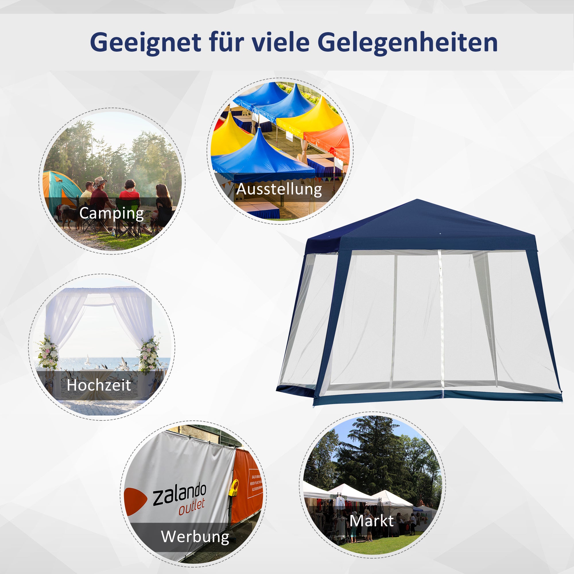 Outsunny Gartenpavillon Pavillon Festzelt Partyzelt wetterfest Zelt mit Moskitonetz Metall + Polyester Blau 3 x 3 m