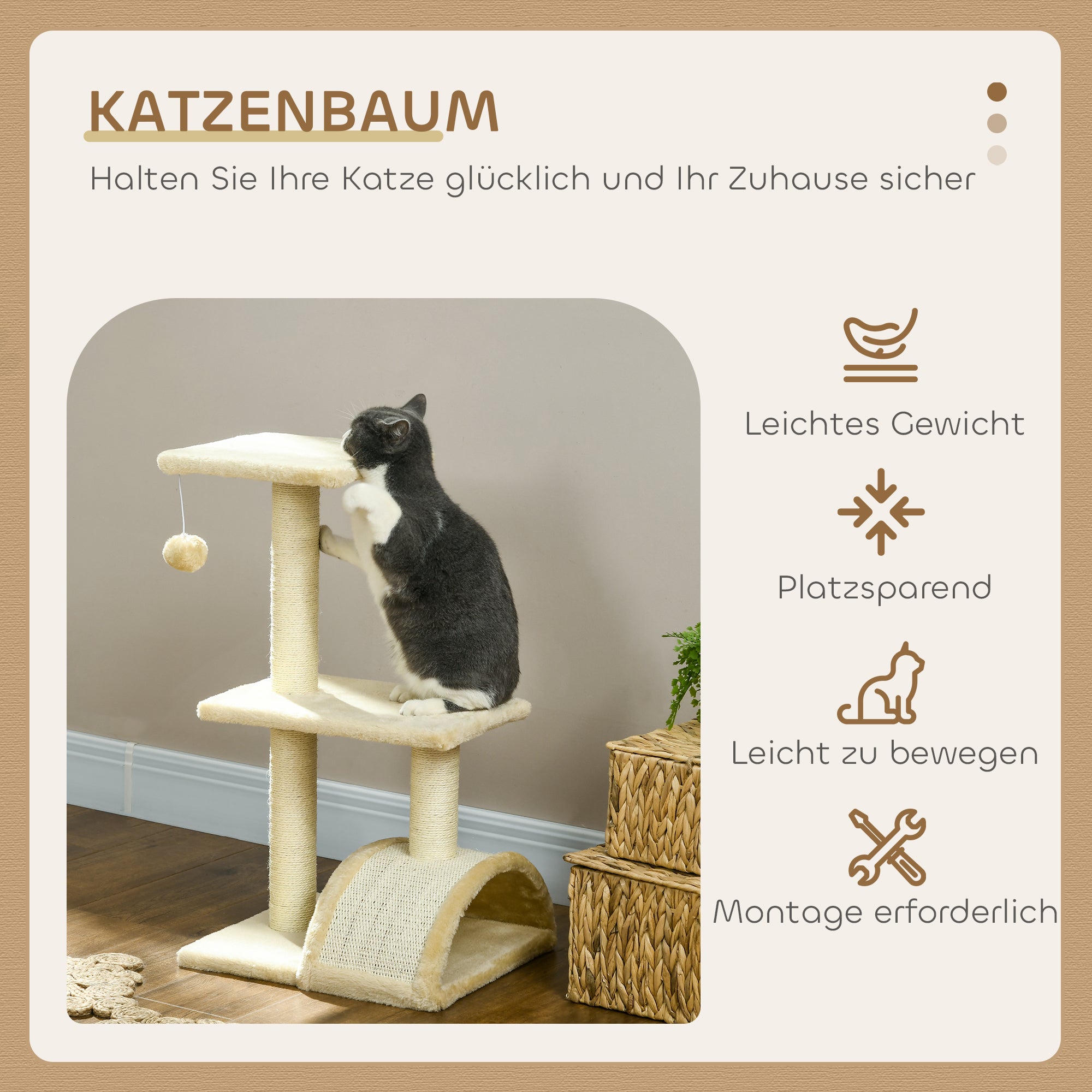 PawHut Kratzbaum 72 cm Katzenturm mit Plüschballen, Sisalstämme, Plattform, Kratzbrett Cremeweiß